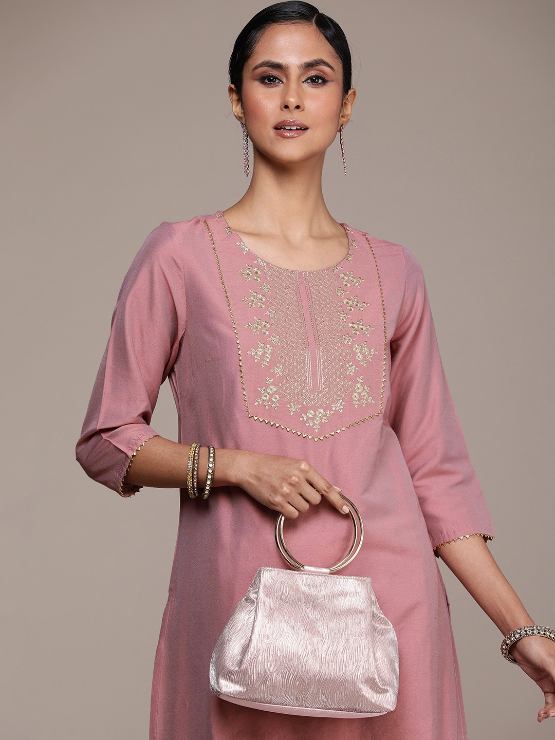 

House of Pataudi Jashn Zari Work Yoke Design Kurta, Pink