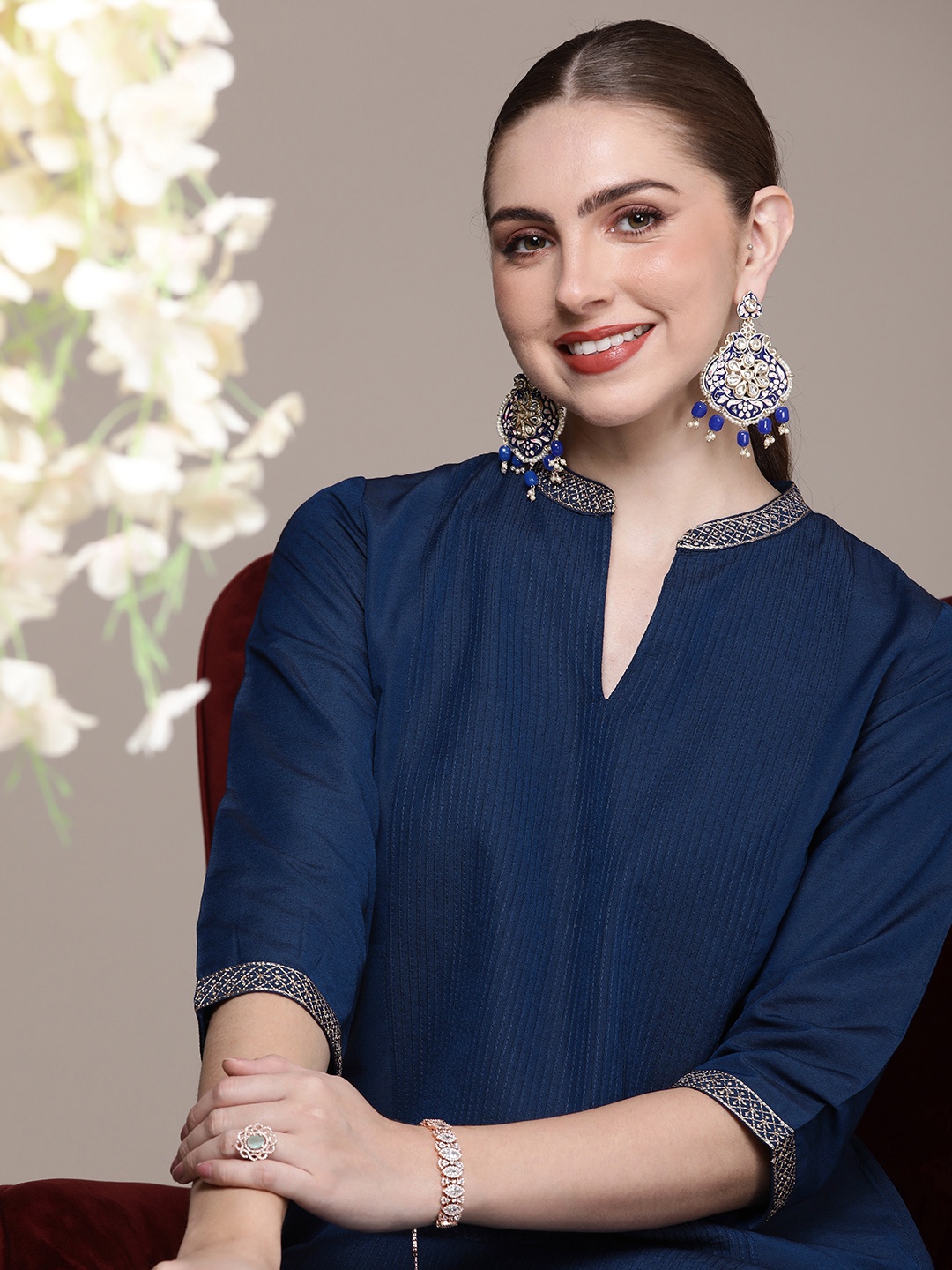 

House of Pataudi Jashn Woven Design Striped Kurta, Navy blue