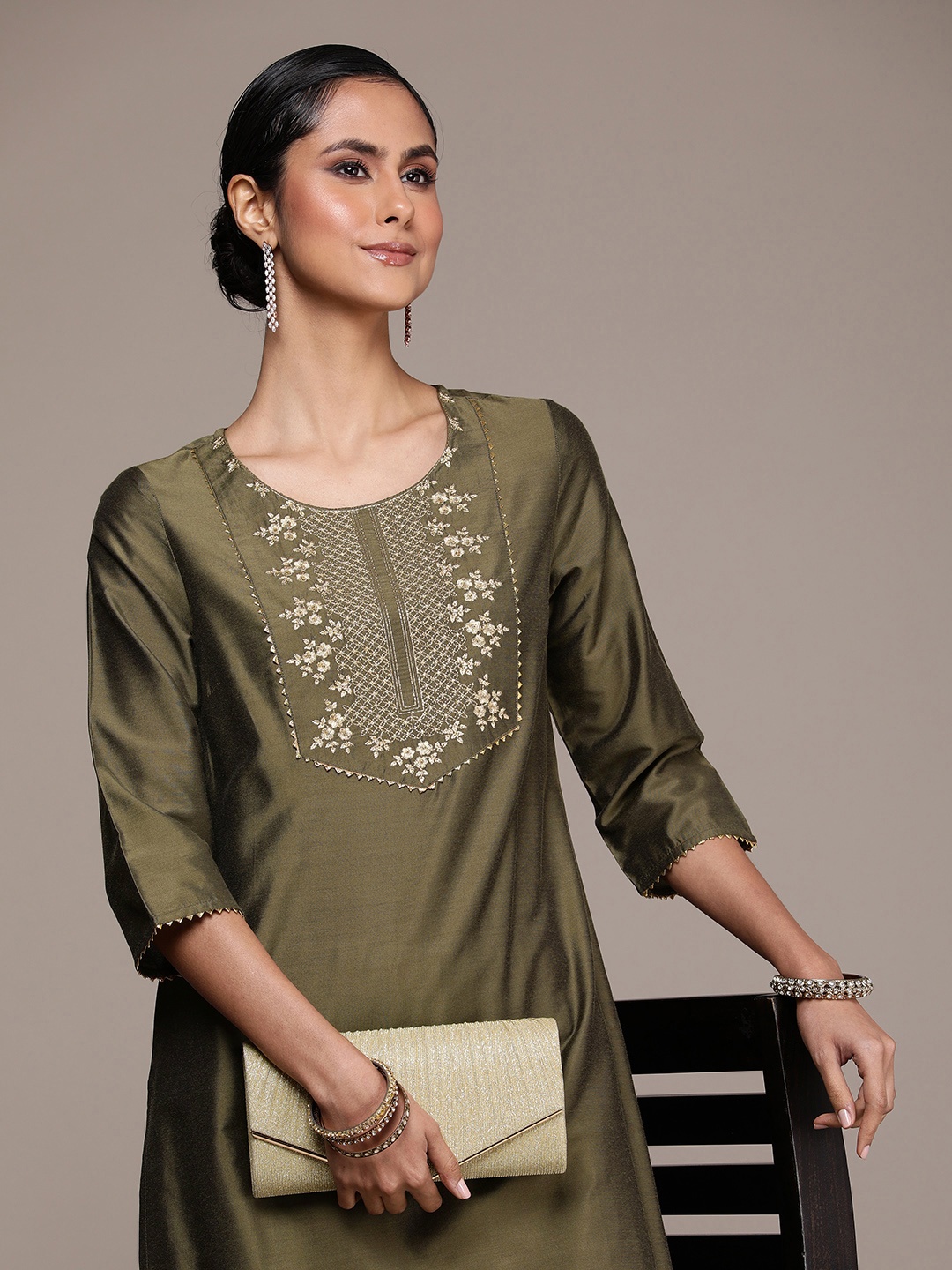 

House of Pataudi Jashn Zari Work Yoke Design Kurta, Olive