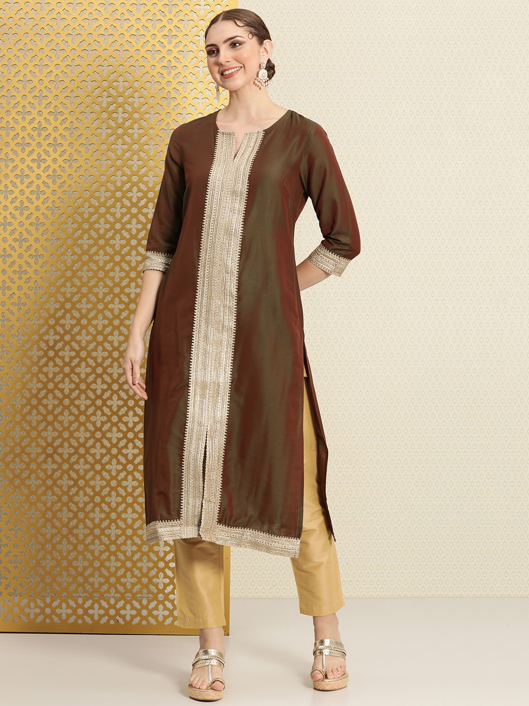 

House of Pataudi Yoke Design Gotta Patti Jashn Kurta, Brown