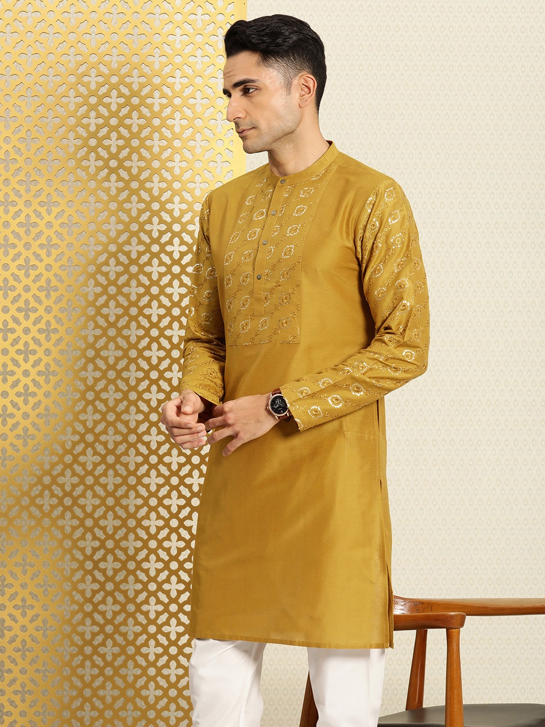 

House of Pataudi Jashn Ethnic Motifs Yoke Design Sequinned Kurta, Mustard