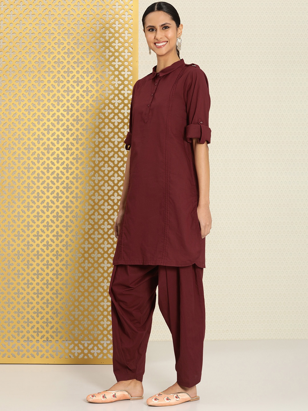 

House of Pataudi Women Pure Cotton Pathani Rozana Kurta with Patiala, Maroon