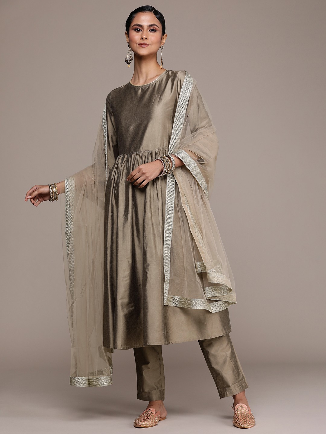 

House of Pataudi Women Jashn A-Line Kurta With Trousers & Dupatta, Beige