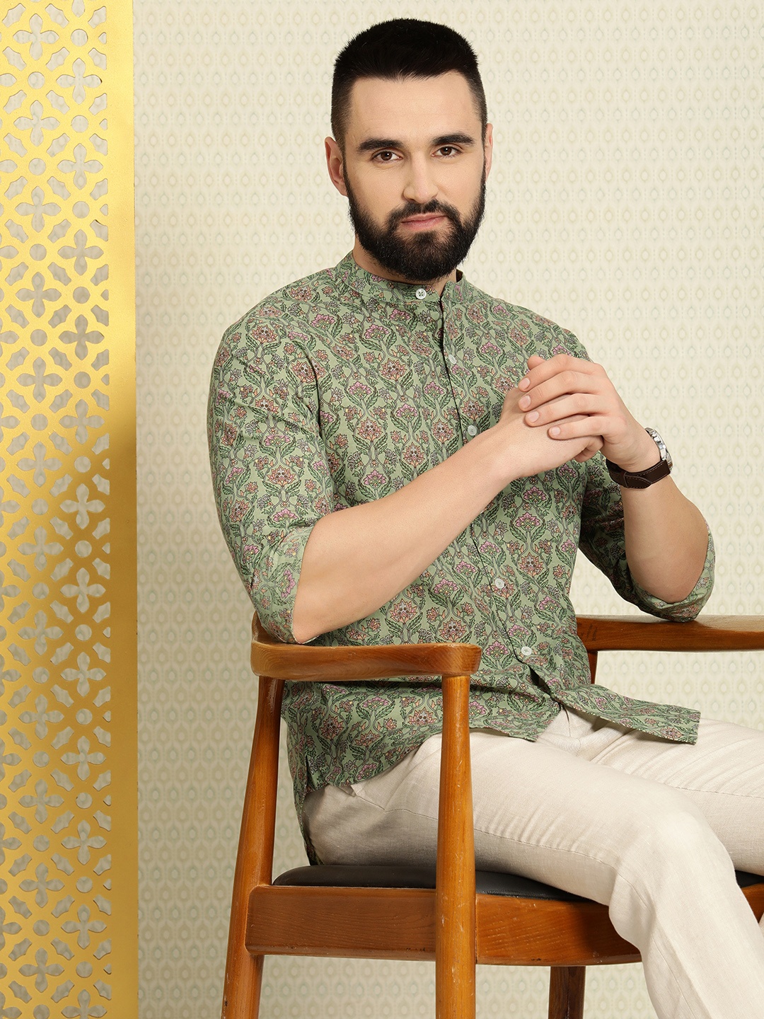 

House of Pataudi Pure Cotton Ethnic Motifs Printed Band Collar Rozana Casual Shirt, Olive