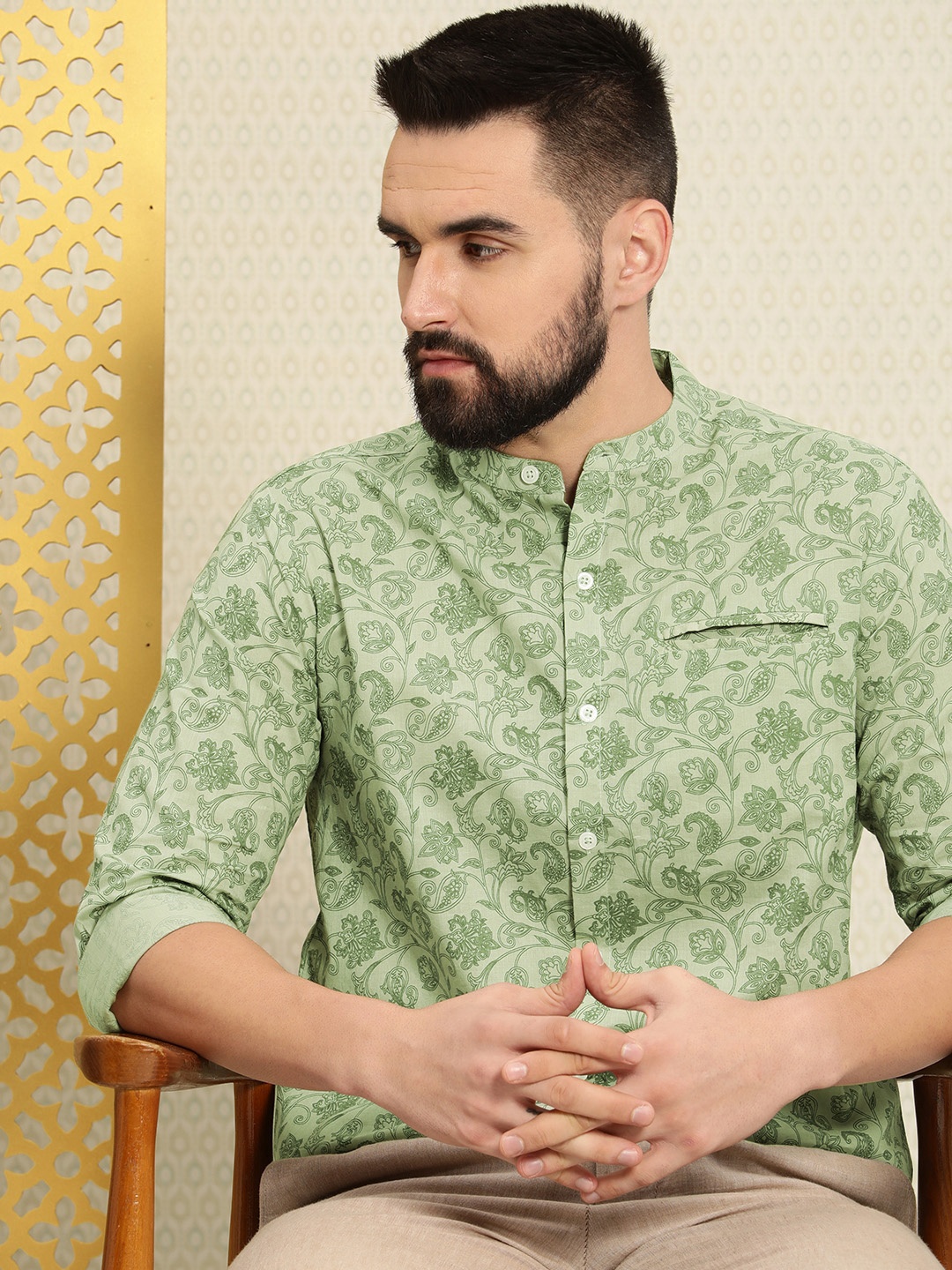 

House of Pataudi Ethnic Motifs Printed Rozana Casual Shirt, Green