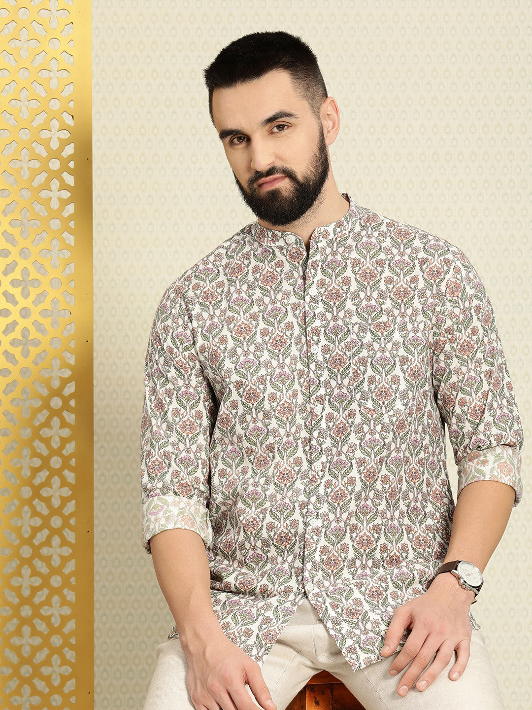 

House of Pataudi Pure Cotton Ethnic Motifs Printed Band Collar Rozana Casual Shirt, Off white