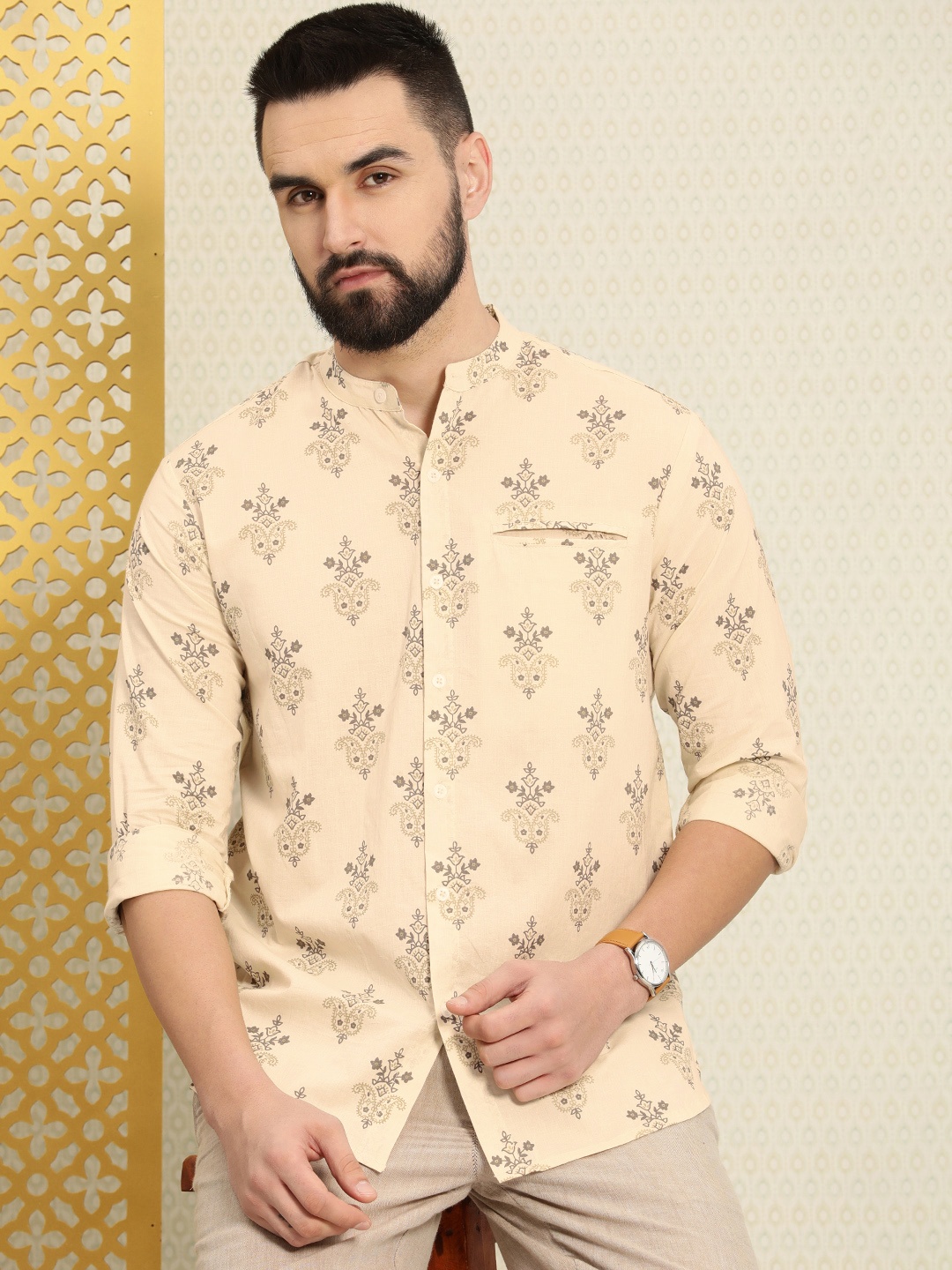 

House of Pataudi Ethnic Motifs Printed Rozana Casual Shirt, Cream