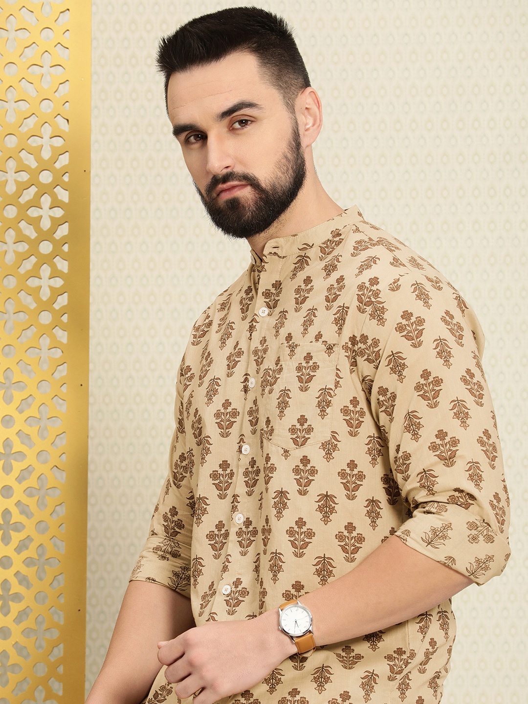 

House of Pataudi Ethnic Motifs Printed Rozana Casual Shirt, Beige