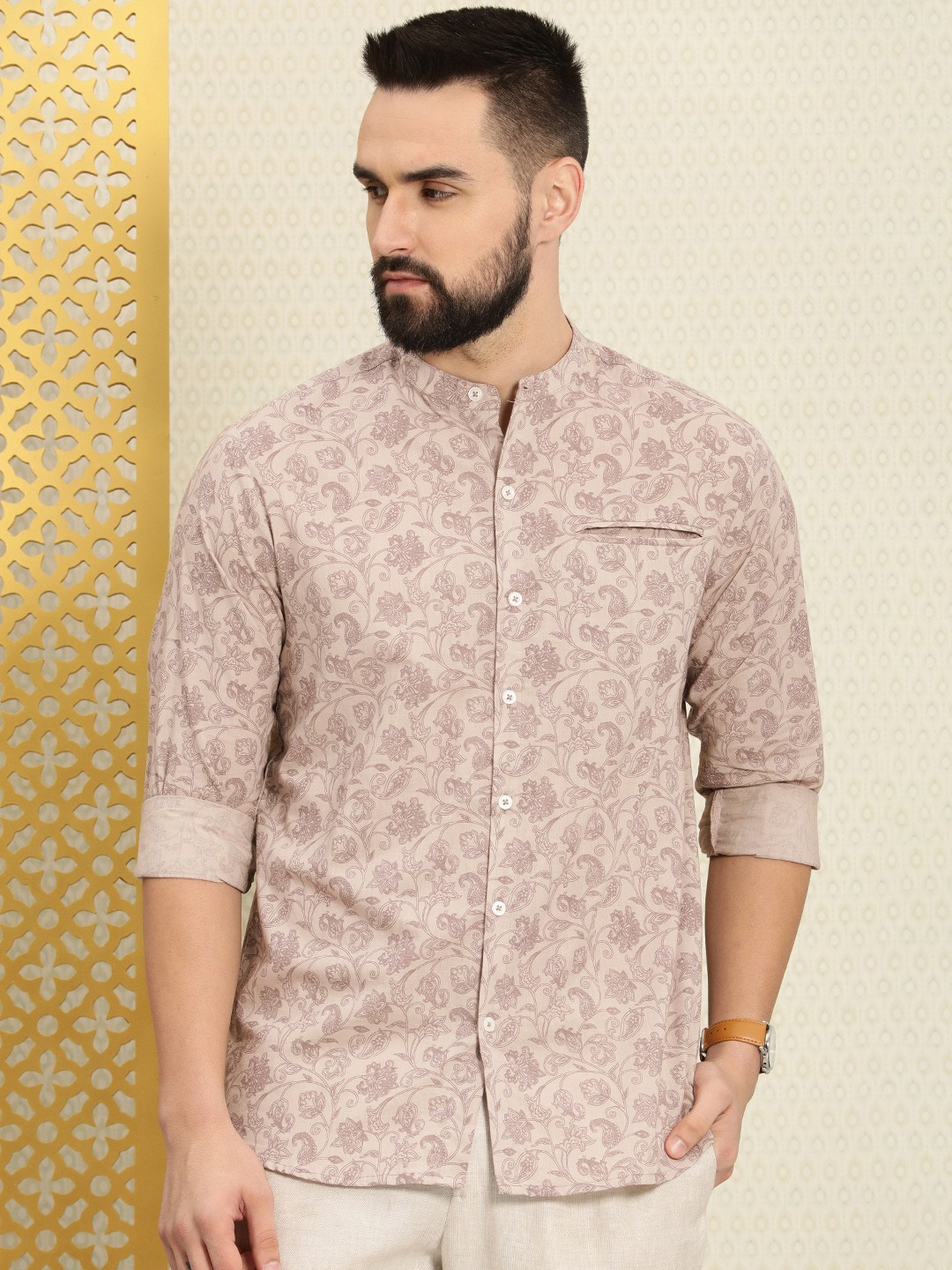 

House of Pataudi Ethnic Motifs Printed Rozana Casual Shirt, Mauve
