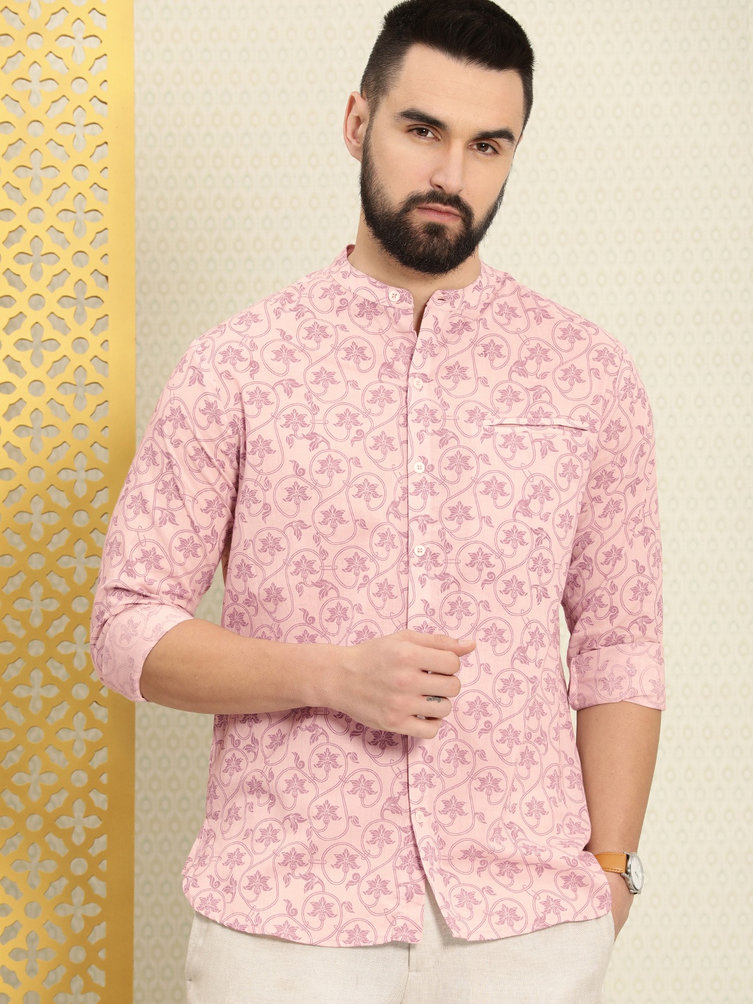 

House of Pataudi Ethnic Motifs Printed Rozana Casual Shirt, Pink