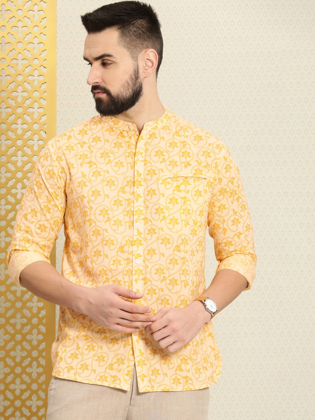

House of Pataudi Ethnic Motifs Printed Rozana Casual Shirt, Yellow