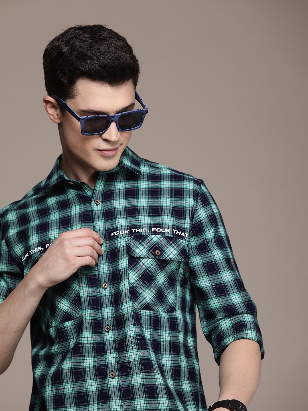 

FCUK Pure Cotton Checked Casual Shirt, Green