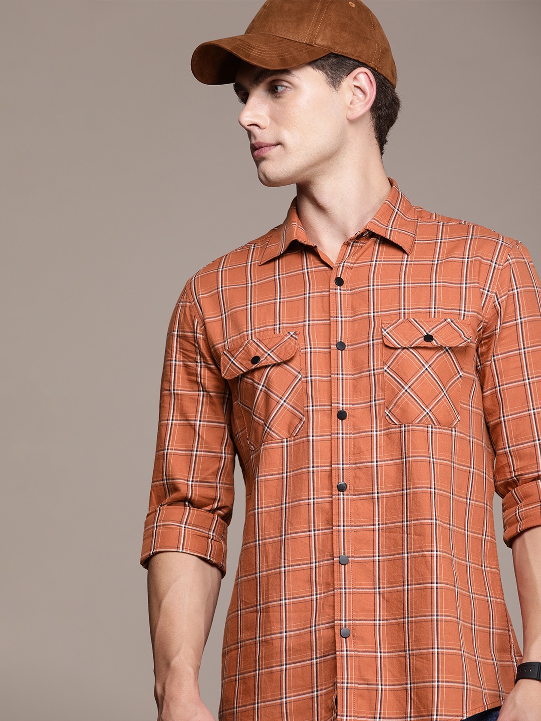 

FCUK Pure Cotton Checked Casual Shirt, Brown