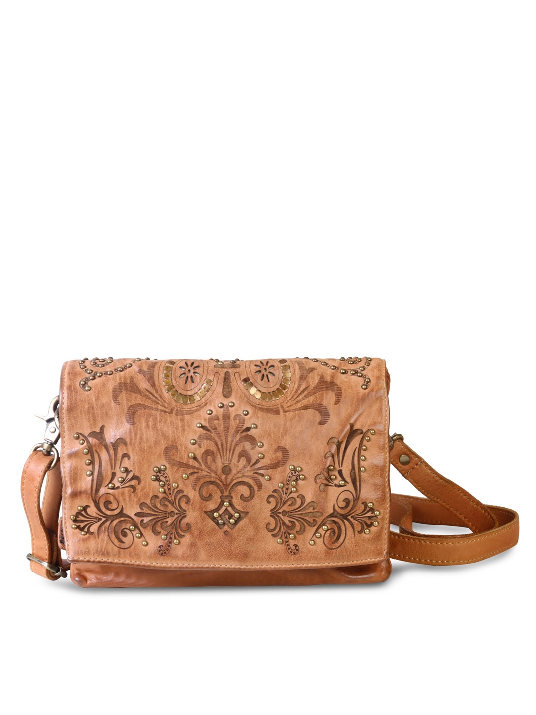 

ART N VINTAGE Leather Embellished Structured Sling Bag, Tan