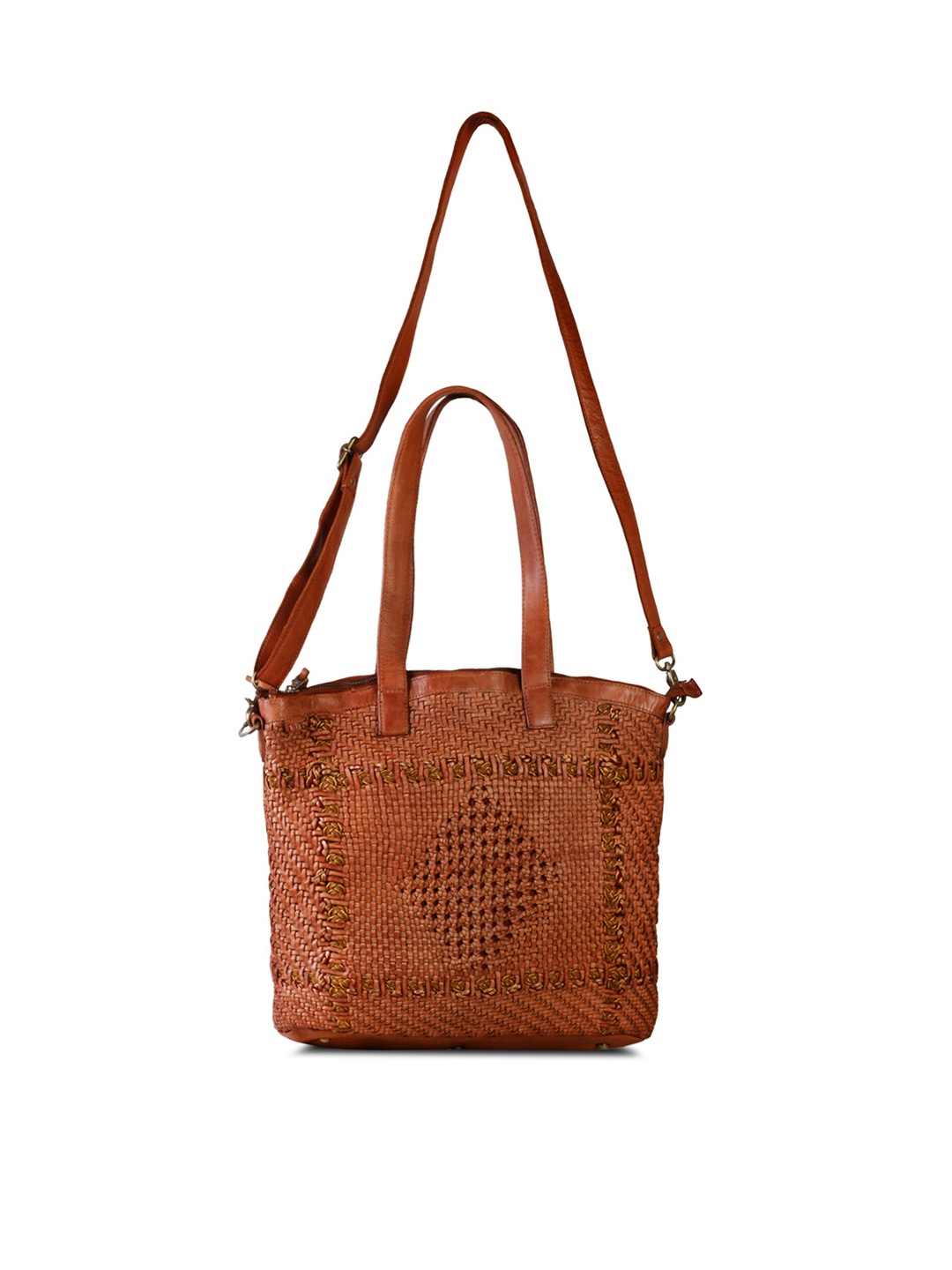 

ART N VINTAGE Tan Leather Oversized Shopper Tote Bag with Cut Work