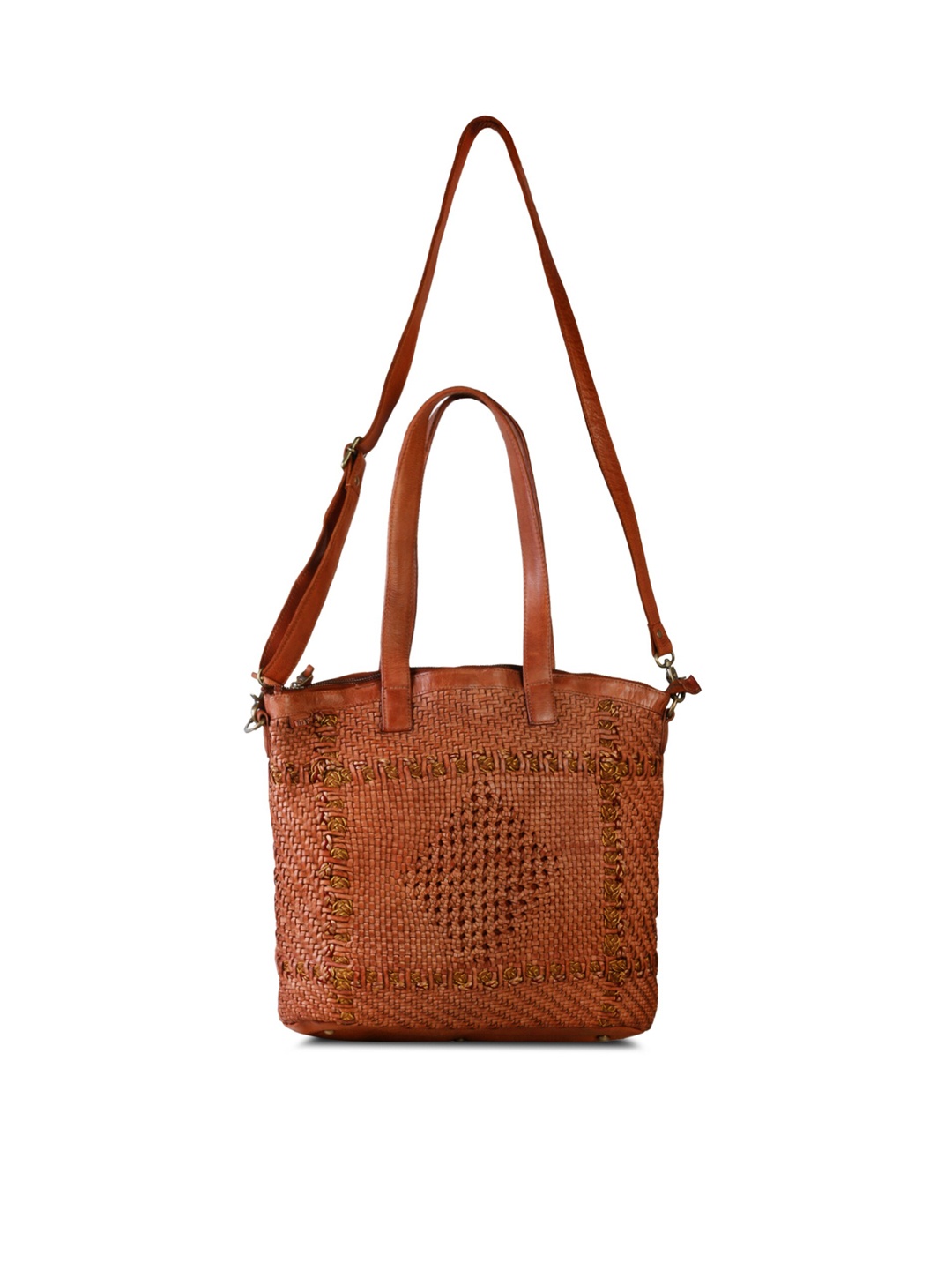 

ART N VINTAGE Tan Leather Oversized Shopper Tote Bag with Cut Work