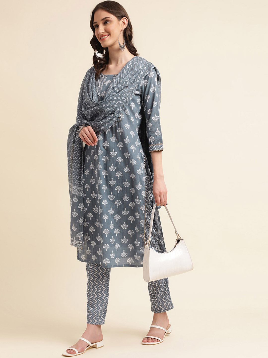 

Sangria Grey Ethnic Motifs Printed Pure Cotton Straight Kurta With Trousers & Dupatta