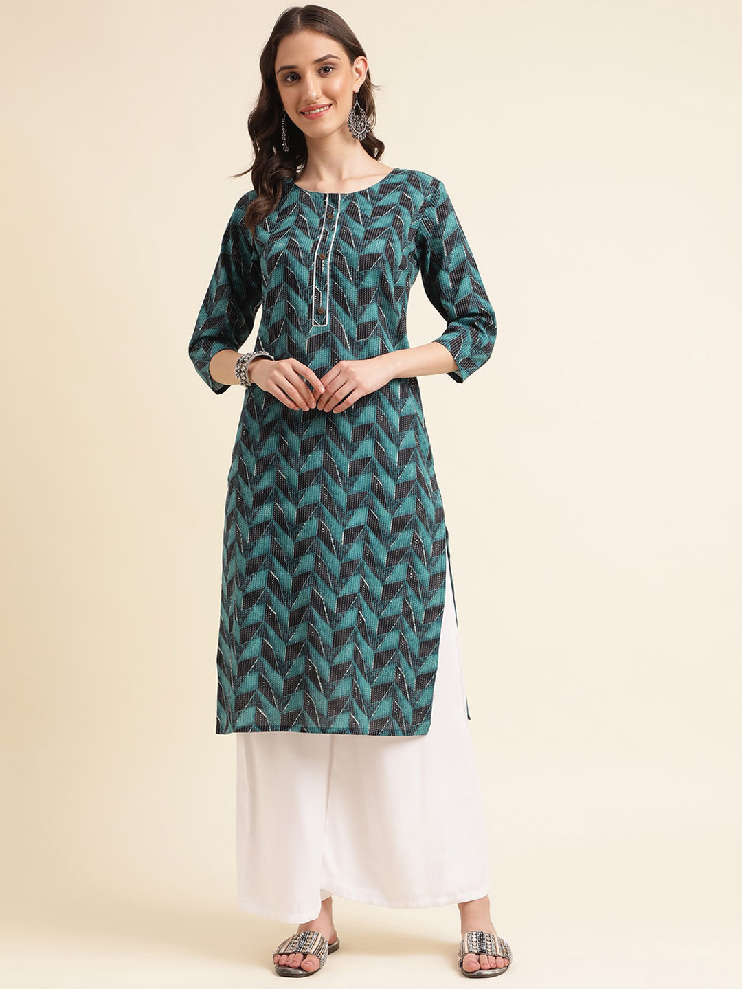 

Sangria Teal Green Geometric Printed Cotton Straight Kurta