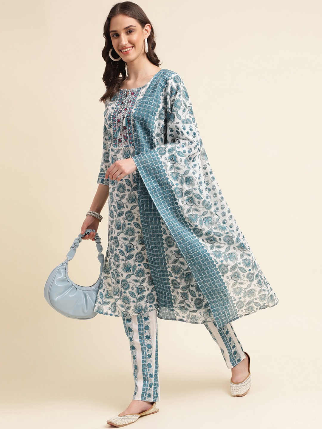 

Sangria White & Teal Blue Floral Printed Straight Kurta With Trouser & Dupatta