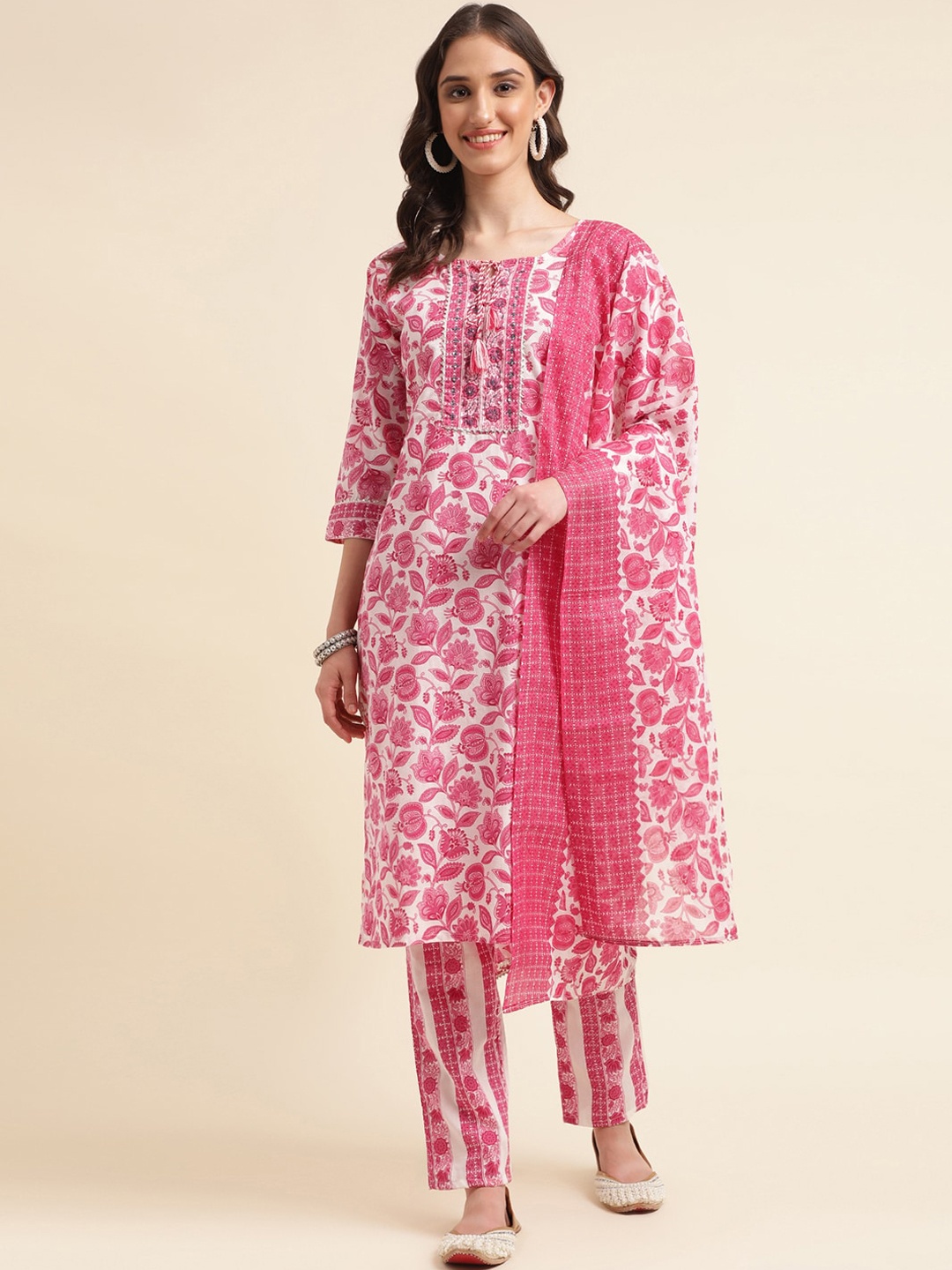 

Sangria Pink & White Floral Printed Pure Cotton Straight Kurta With Trouser & Dupatta