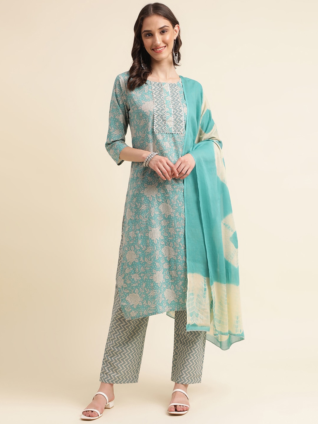 

Sangria Green & Cream Floral Printed Pure Cotton Straight Kurta With Trouser, Sea green