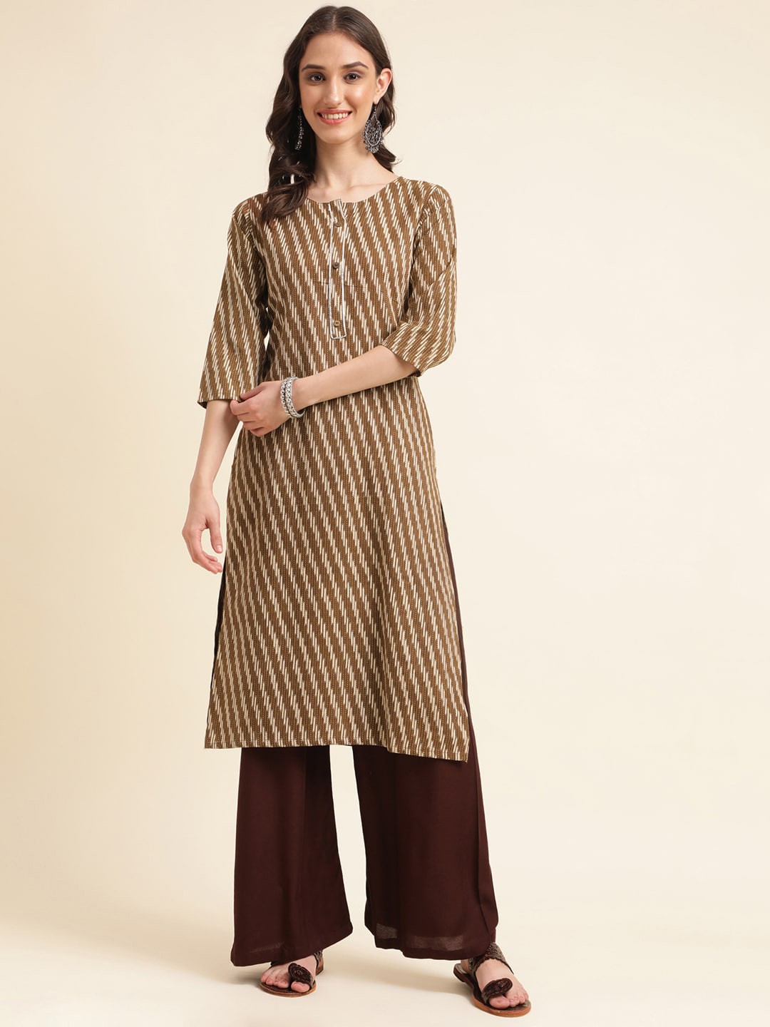 

Sangria Brown & Beige Striped Cotton Straight Kurta