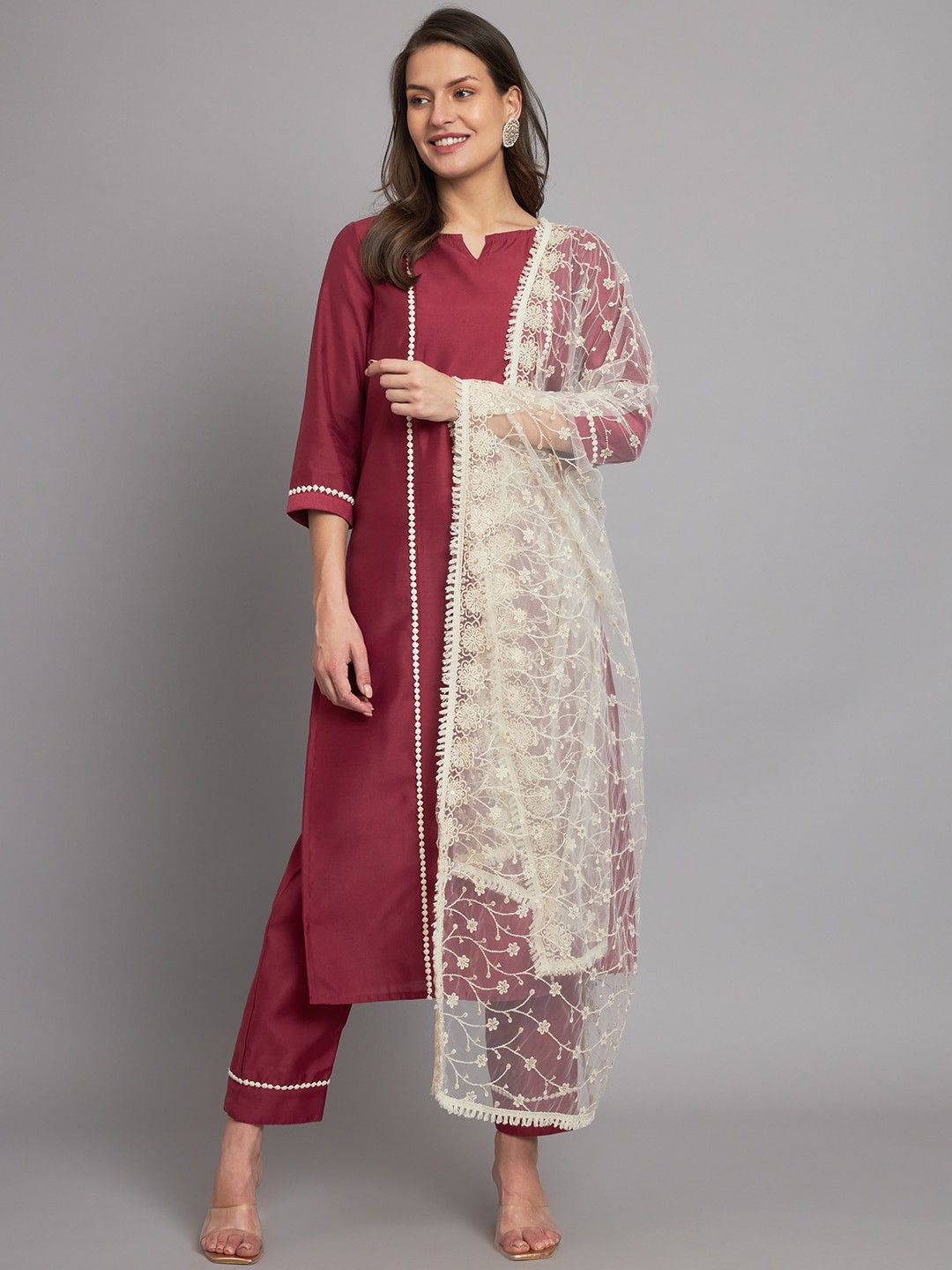 

Sutidora Regular Kurta with Trousers & Dupatta, Pink