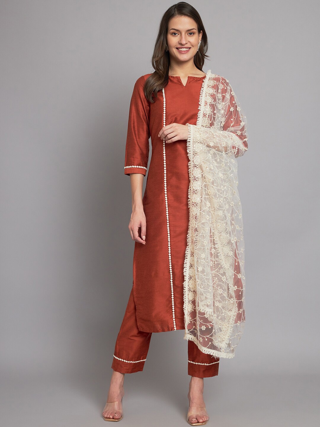 

Sutidora Regular Kurta with Trousers & Dupatta, Red