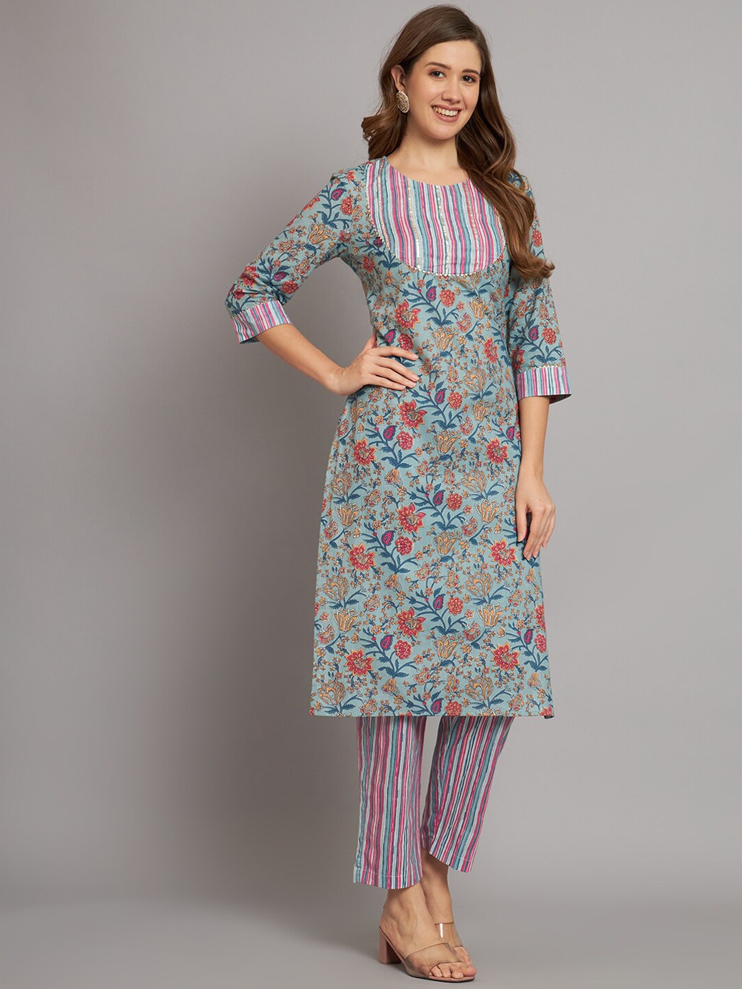 

Sutidora Floral Printed Pure Cotton Kurta with Trousers & With Dupatta, Blue