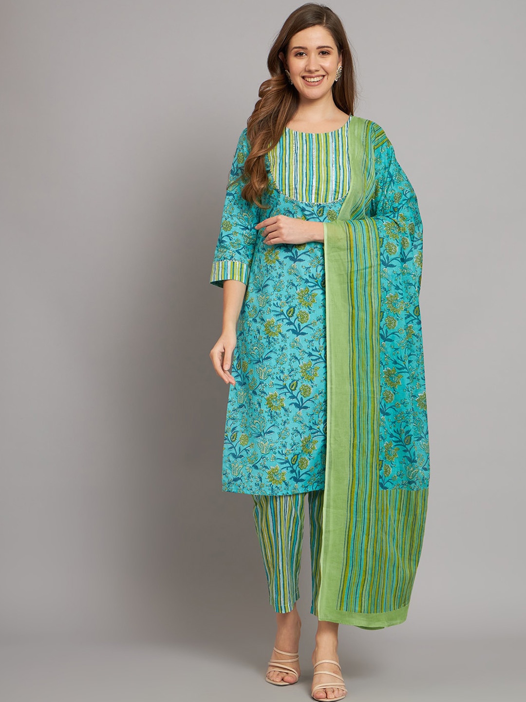 

Sutidora Floral Printed Pure Cotton Kurta with Trousers & With Dupatta, Turquoise blue