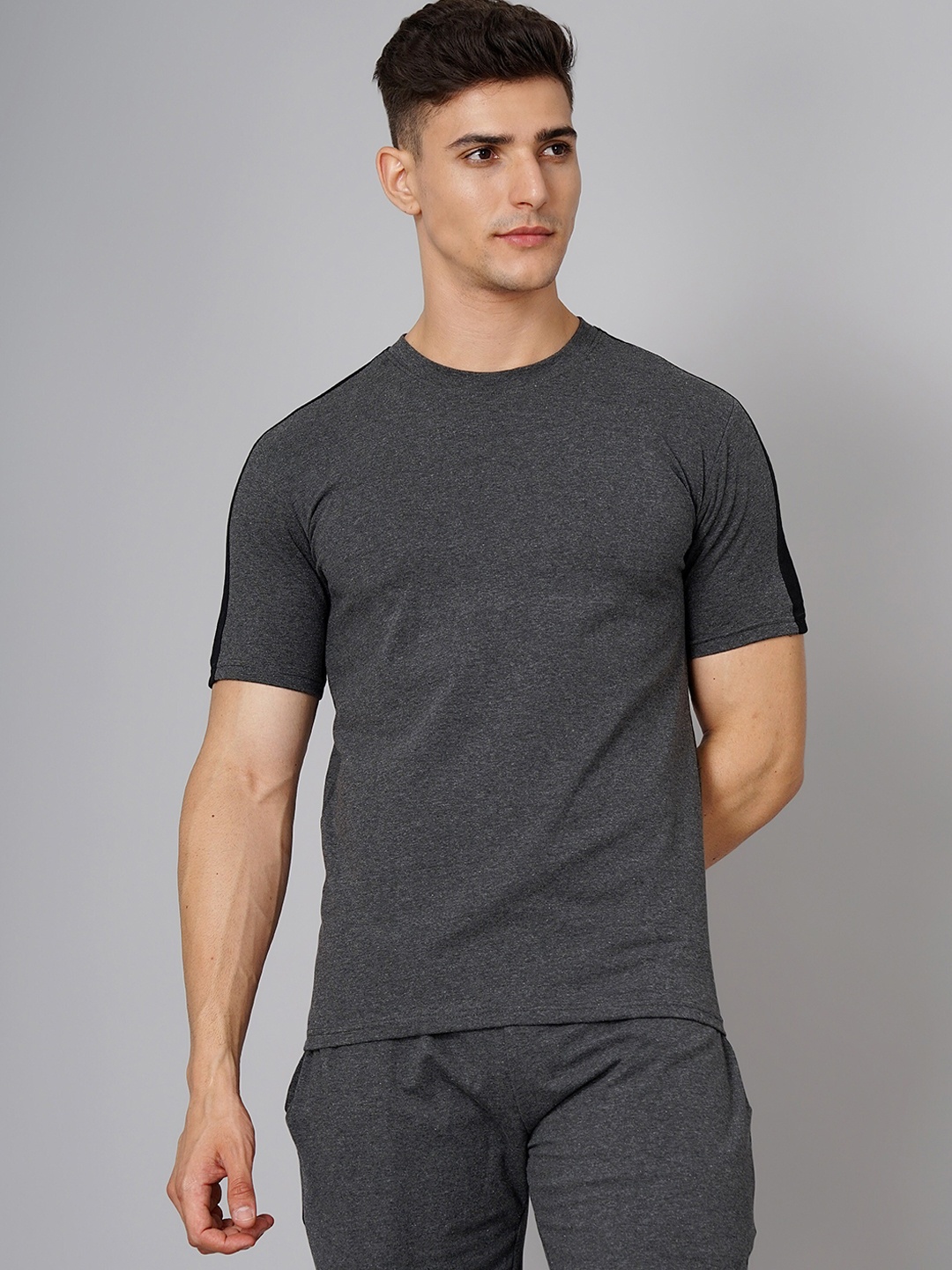

MADSTO Self Design Cotton T-shirt With Shorts Co-Ords, Charcoal