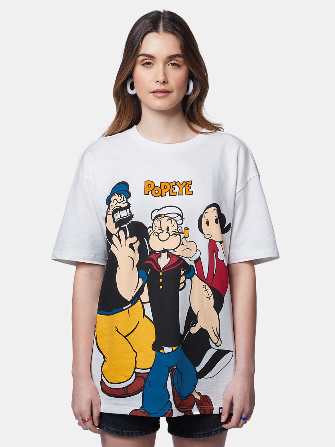 

The Souled Store White Popeye Printed Pure Cotton Oversized Fit T-shirt