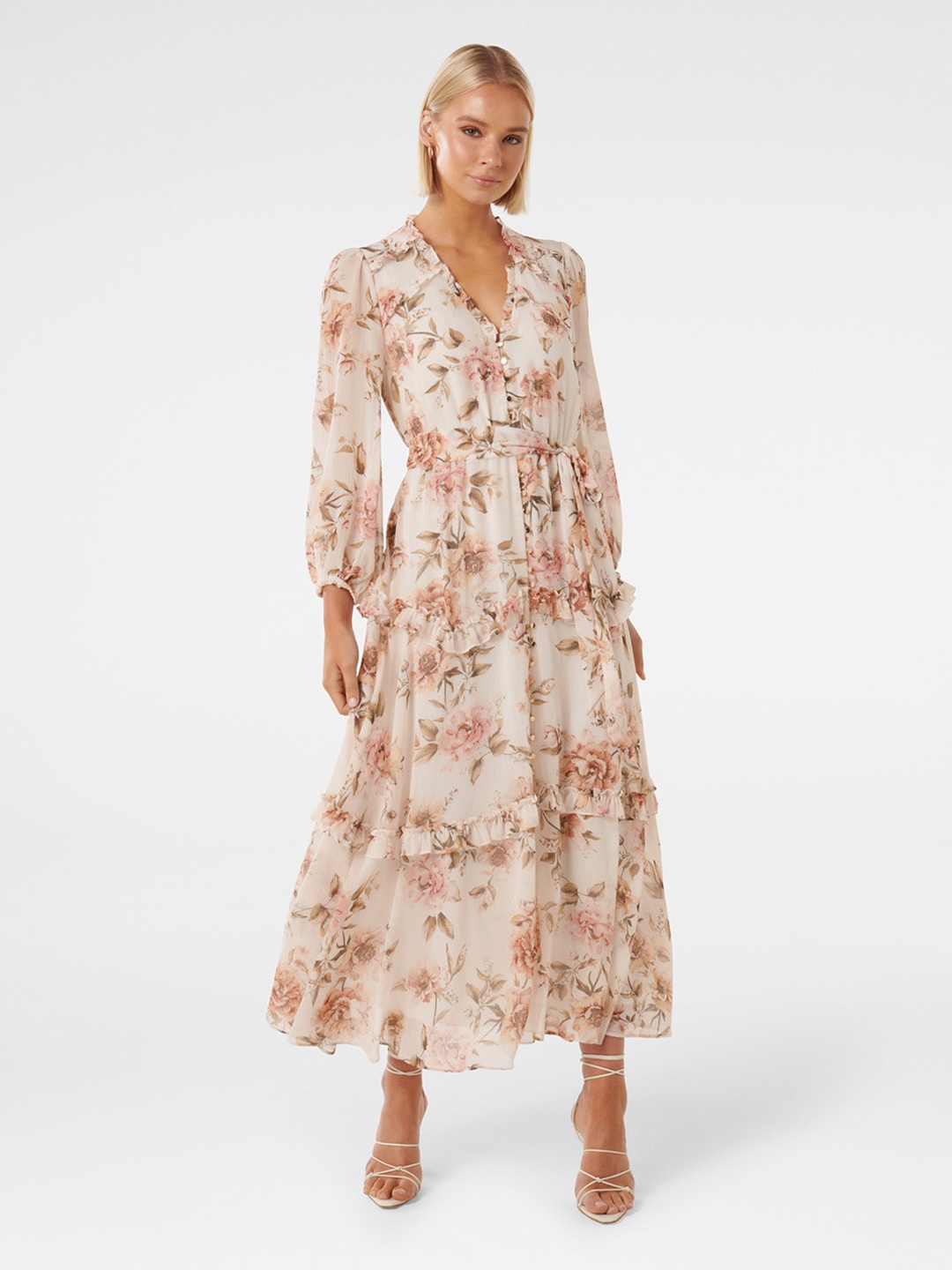 

Forever New Floral Printed Tiered Tie Ups Fit & Flare Dress With Belt, Cream