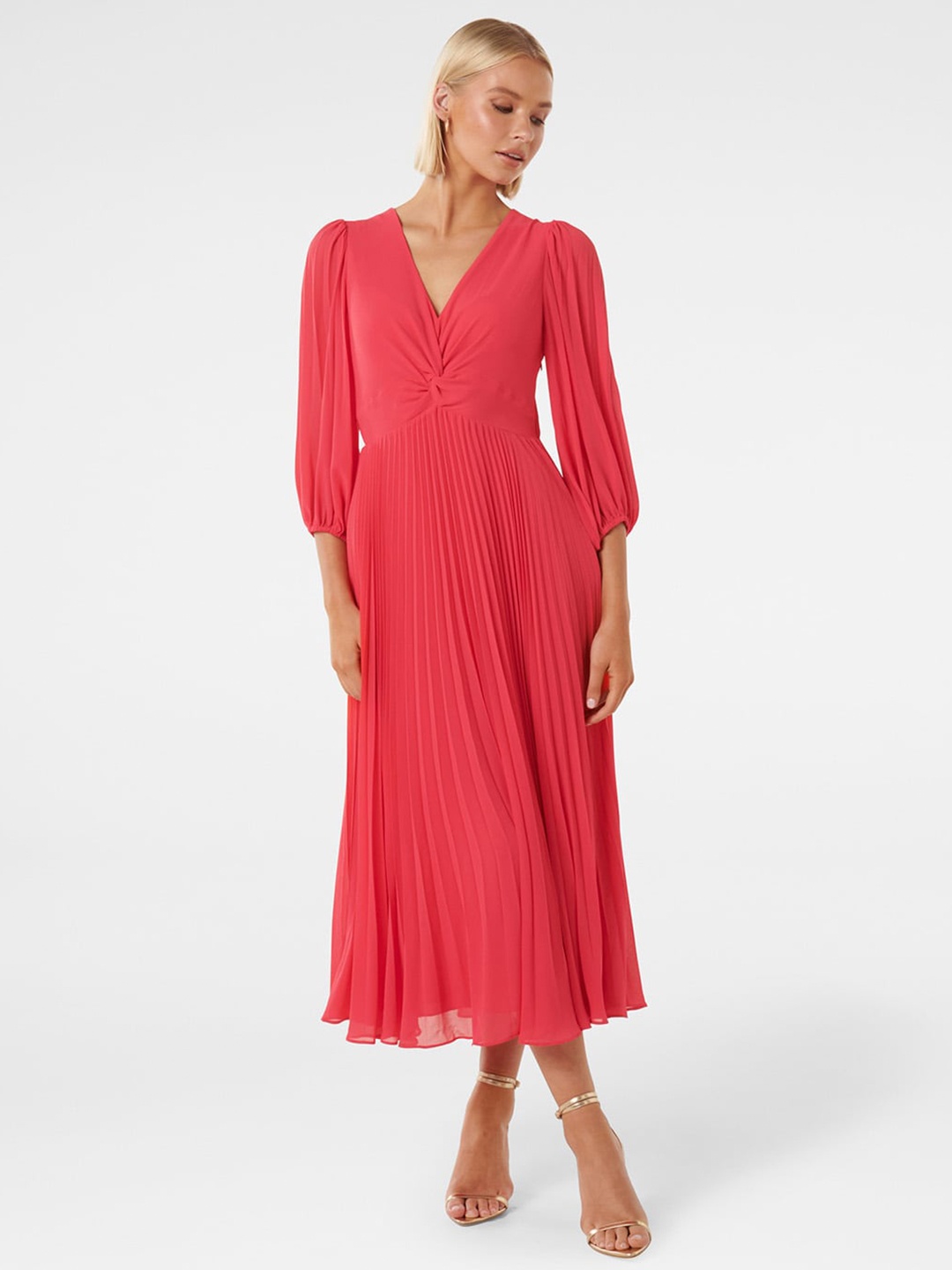 

Forever New Puff Sleeves Accordion Pleat Fit & Flare Dress, Pink