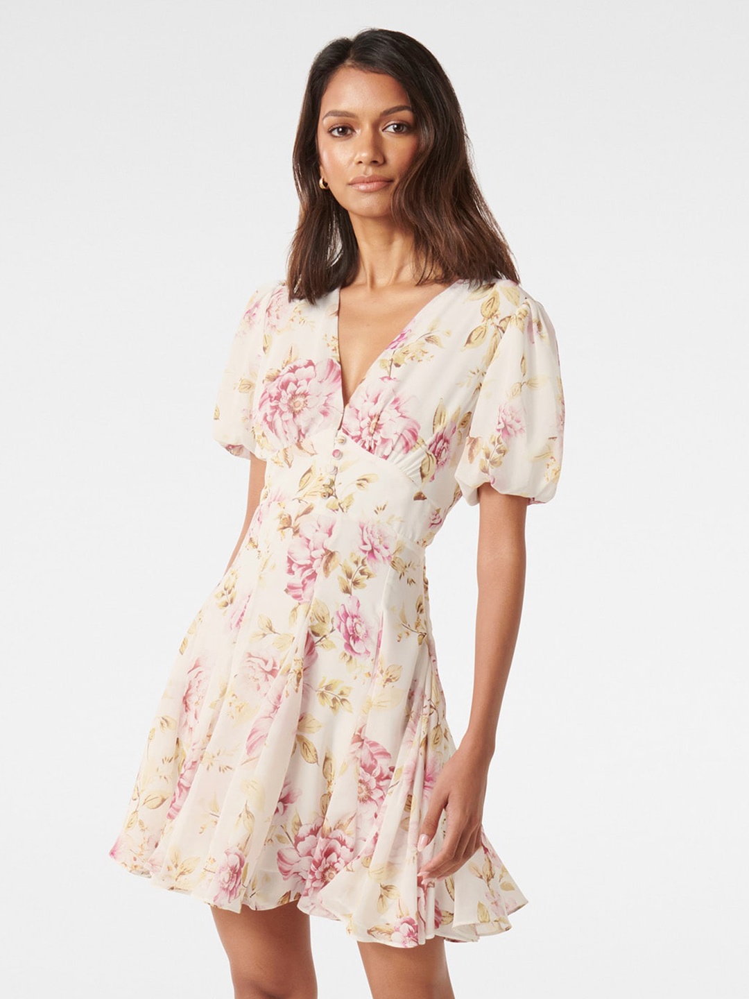 

Forever New Floral Printed Puff Sleeves Empire Dress, Cream