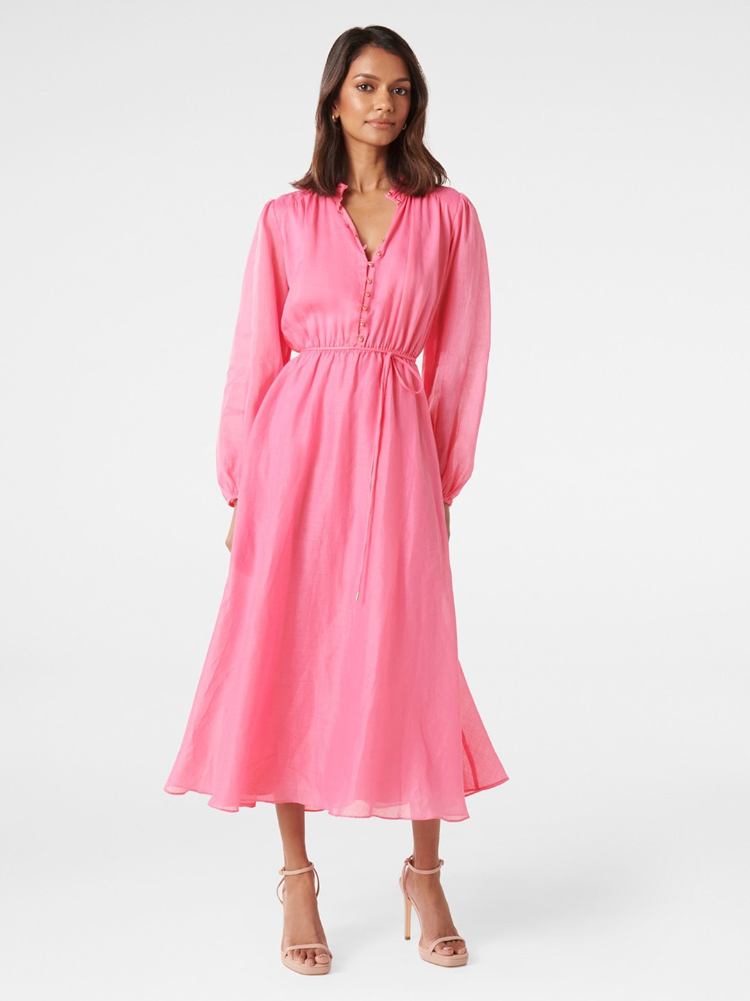 

Forever New Mandarin Collar Gathers Detailed Fit & Flare Midi Dress With Belt, Pink