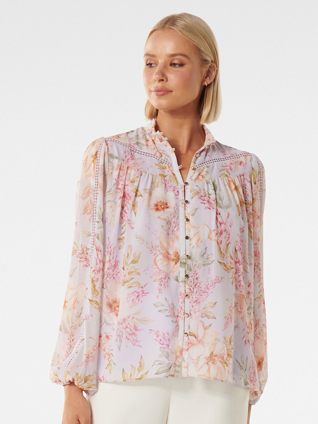 

Forever New Floral Printed Mandarin Collar Shirt Style Top, White