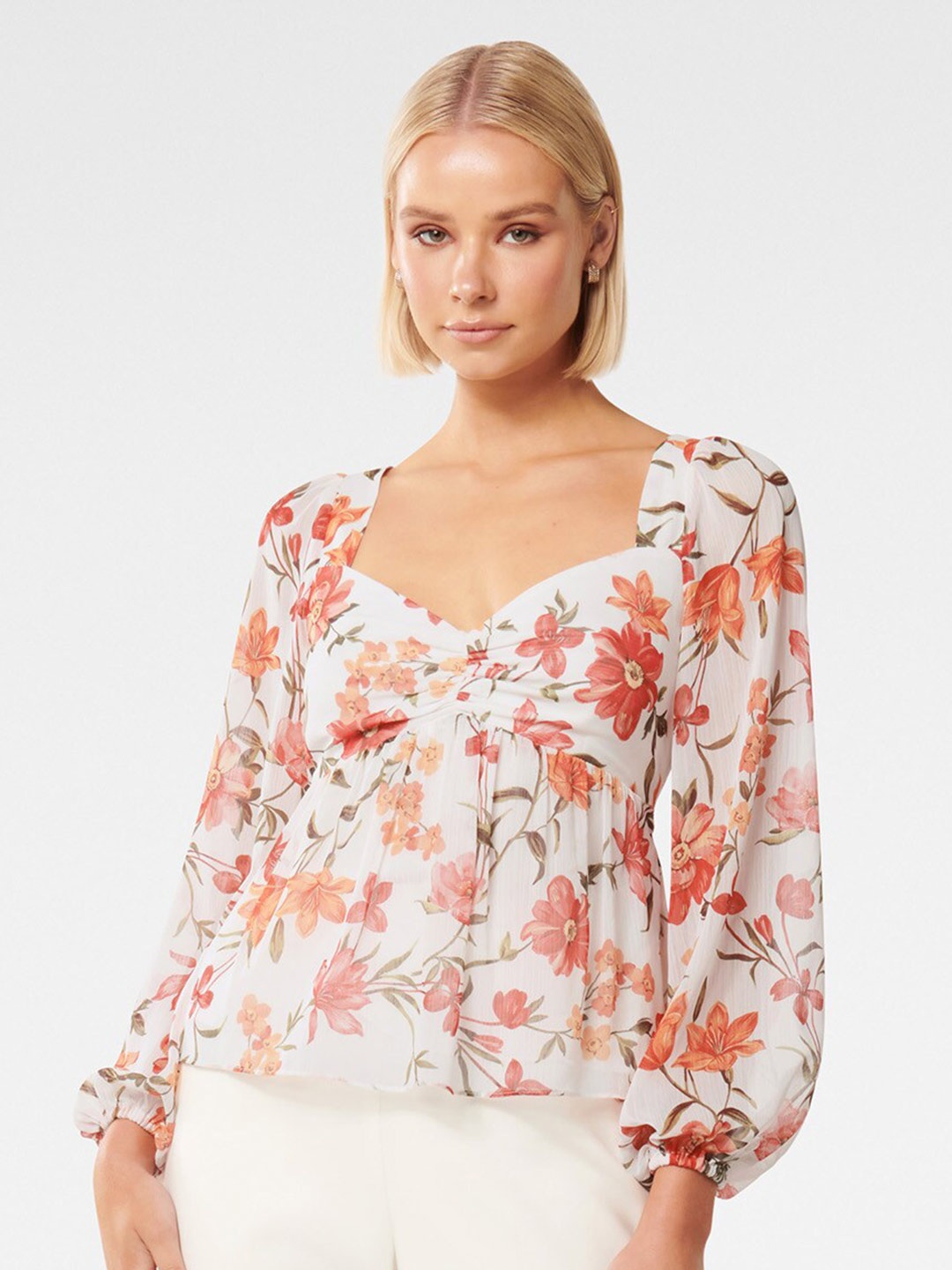 Forever New Floral Printed Puff Sleeves Top, White