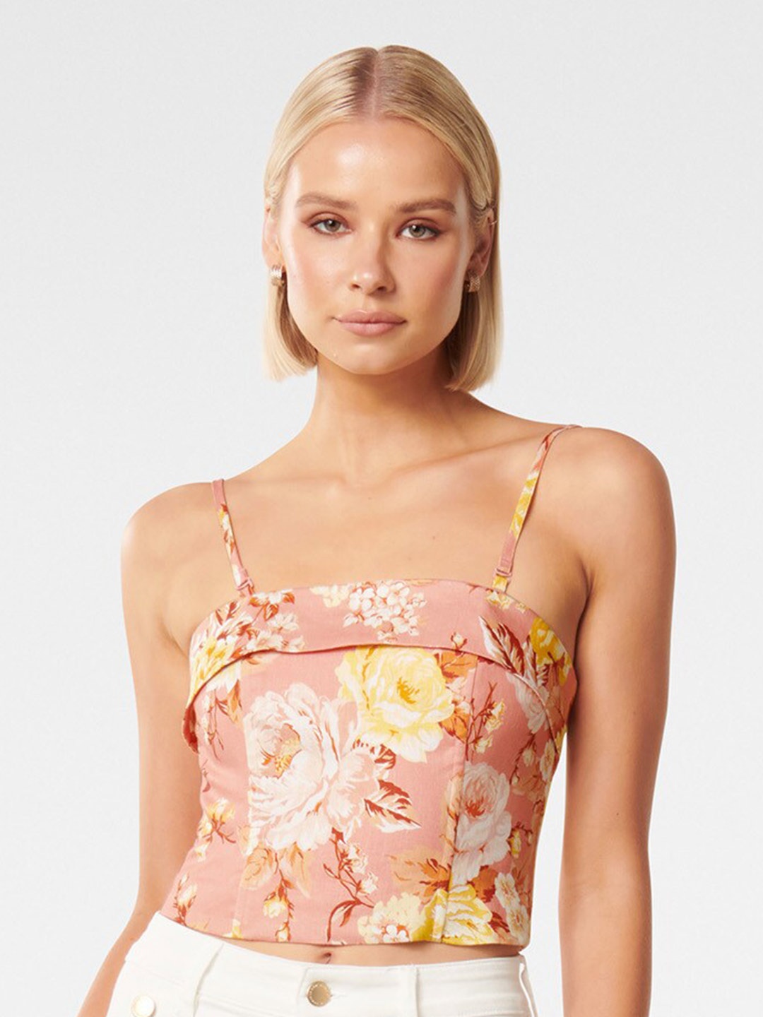 

Forever New Floral Printed Shoulder Straps Linen Top, Peach