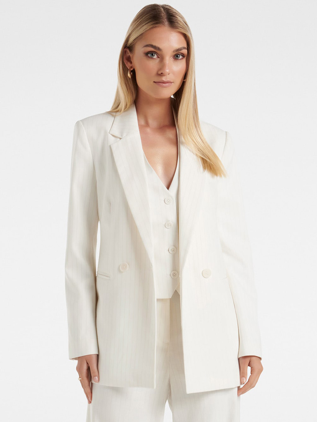 

Forever New Striped Tailored-Fit Double-Breasted Formal Blazers, White