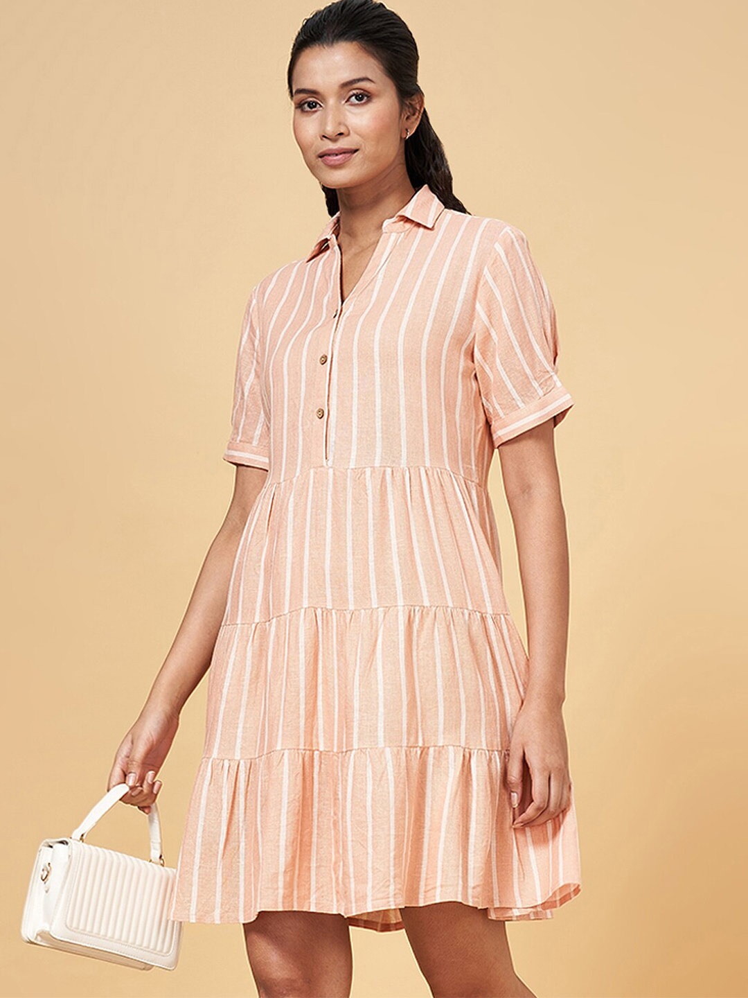 

Honey by Pantaloons Striped Shirt Collar Tiered A-line Dress, Peach