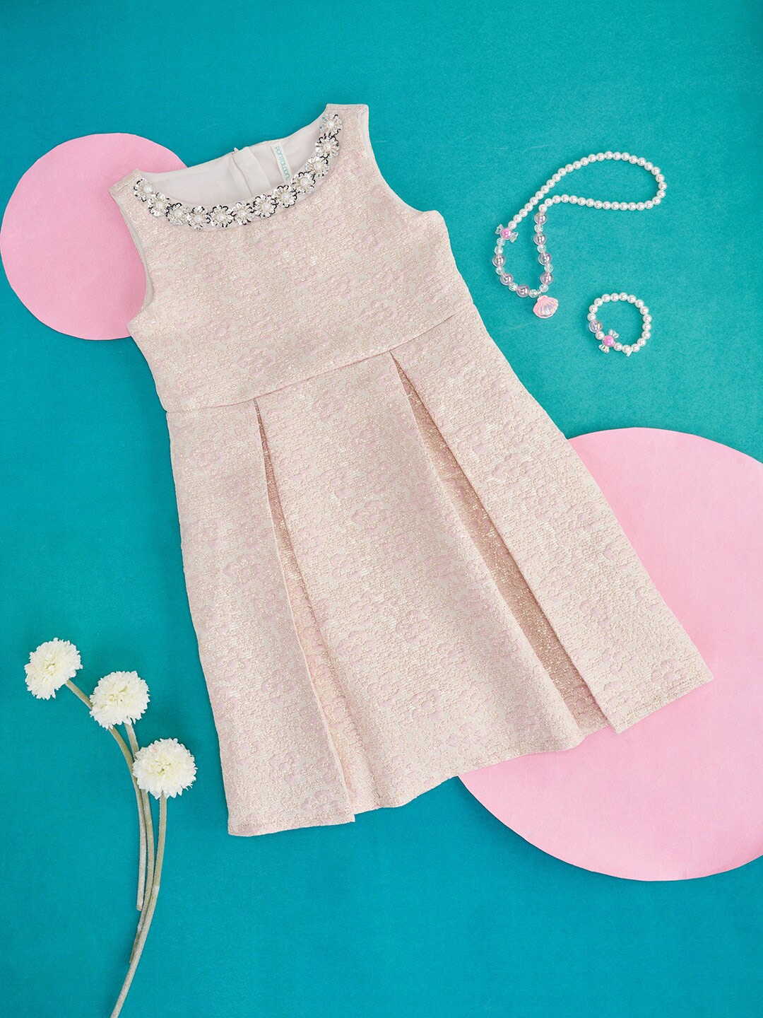 

Pantaloons Junior Girls Self Design Embellished & Pleated Cotton A Line Dress, Off white