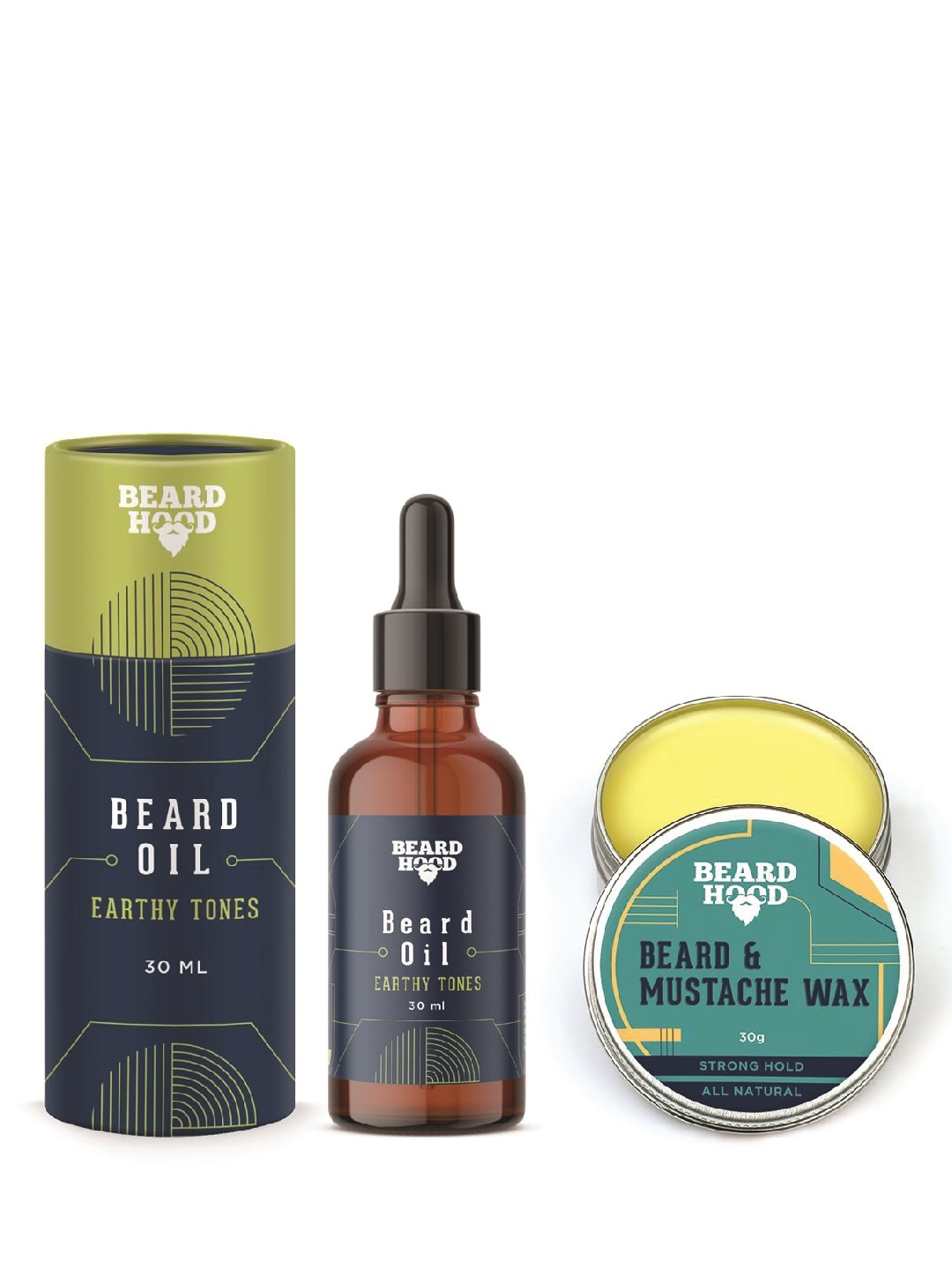 

Beardhood Pack of 2 Earthy Tones Beard Oil & Natural Moustache Wax - Strong Hold, Black