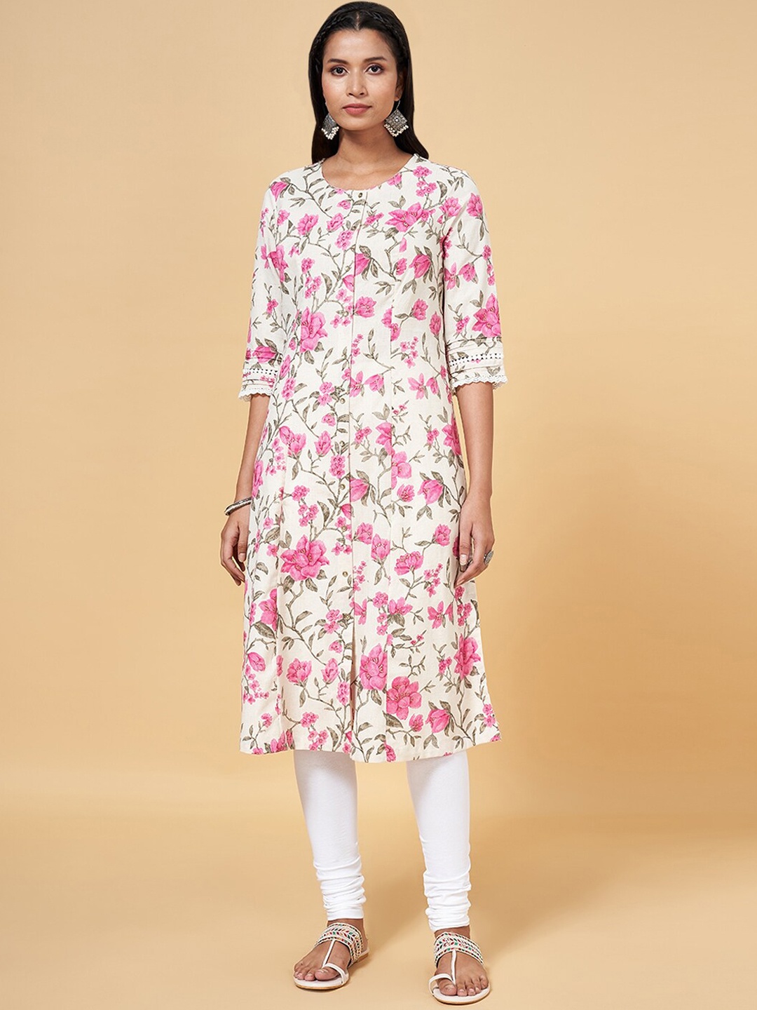 

RANGMANCH BY PANTALOONS Floral Printed Cotton Kurta, Off white