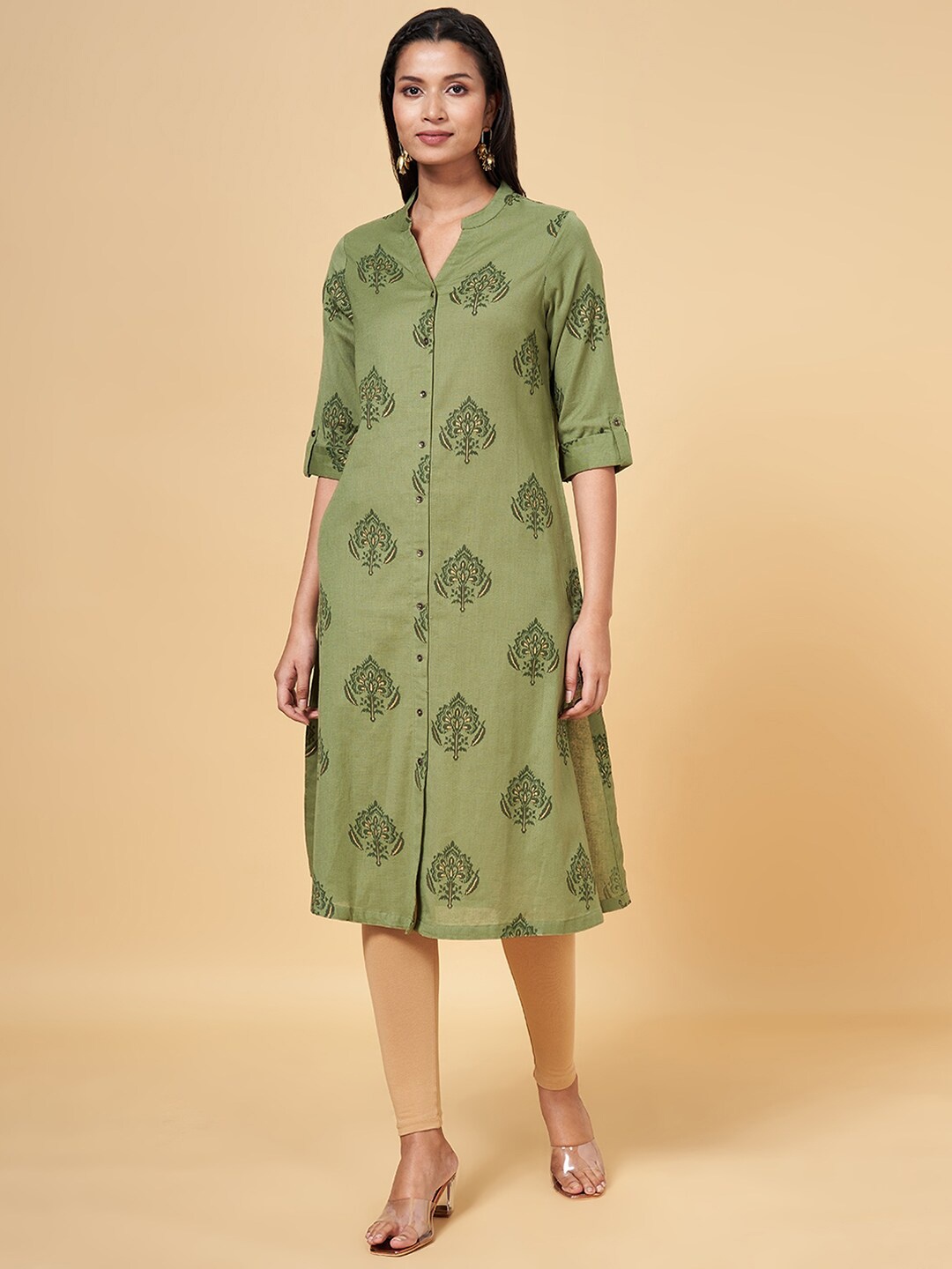 

RANGMANCH BY PANTALOONS Ethnic Motifs Printed Cotton Straight Kurta, Olive