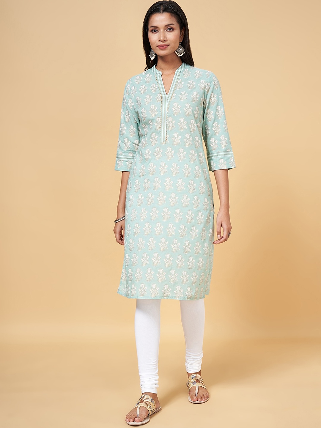 

RANGMANCH BY PANTALOONS Floral Printed Straight Cotton Kurta, Blue