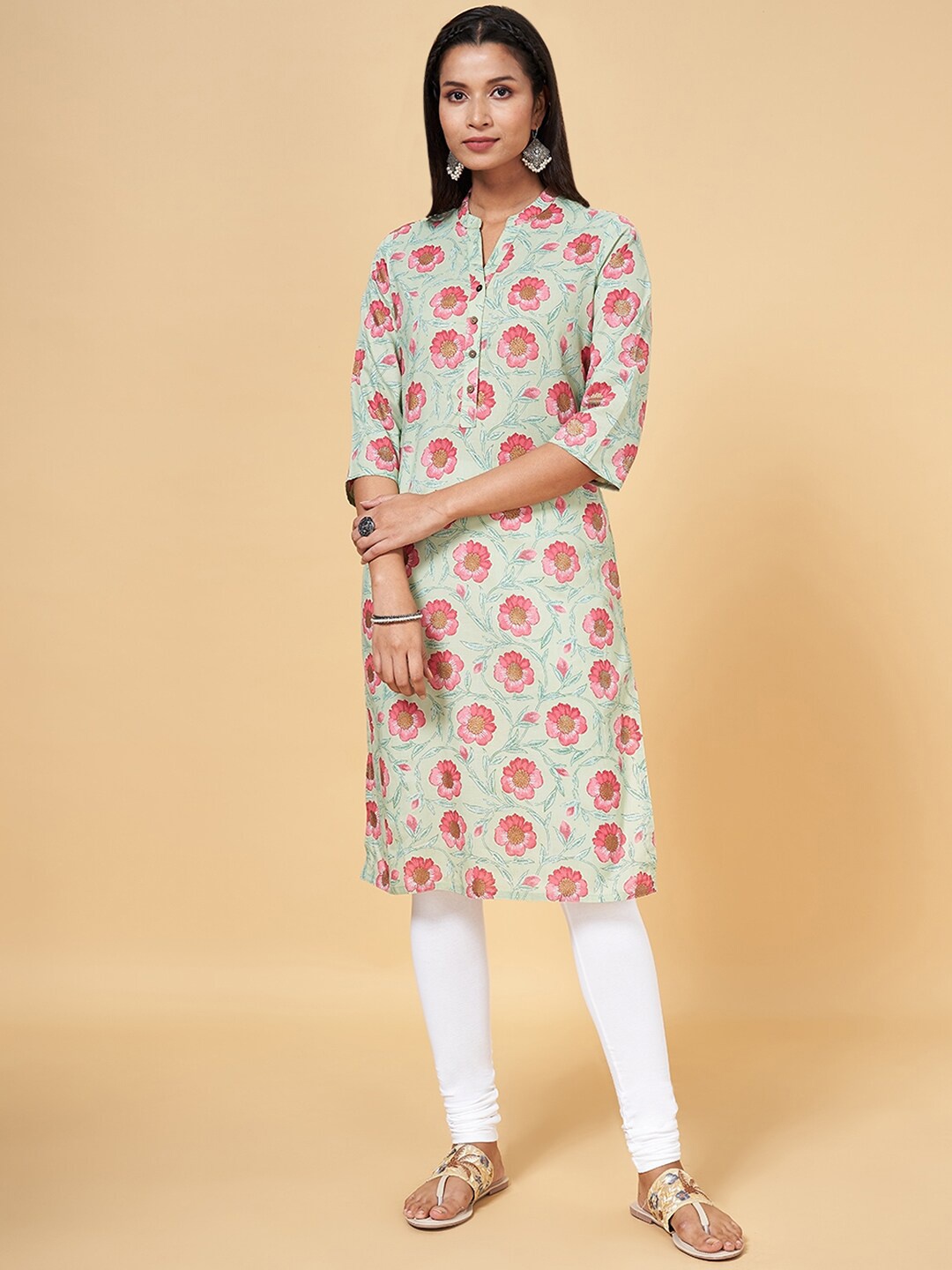 

RANGMANCH BY PANTALOONS Floral Printed Straight Cotton Kurta, Green