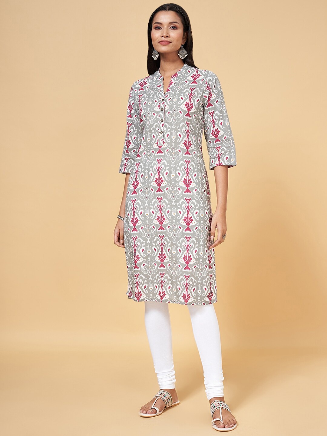 

RANGMANCH BY PANTALOONS Ethnic Motifs Printed Straight Cotton Kurta, Grey