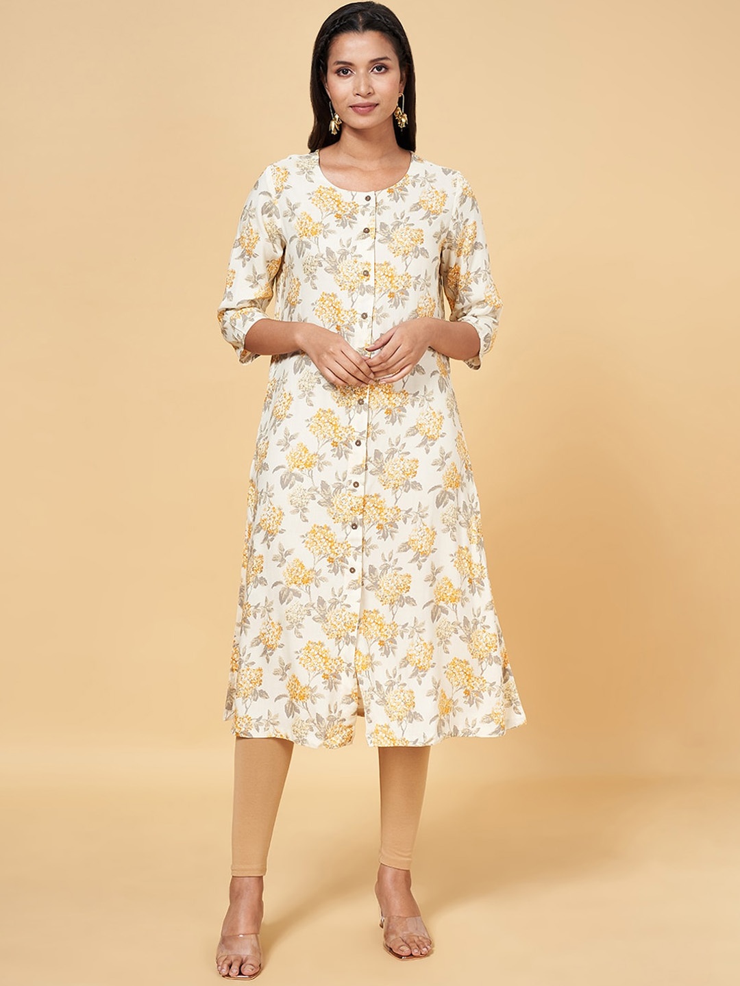 

RANGMANCH BY PANTALOONS Floral Printed Straight Kurta, Yellow