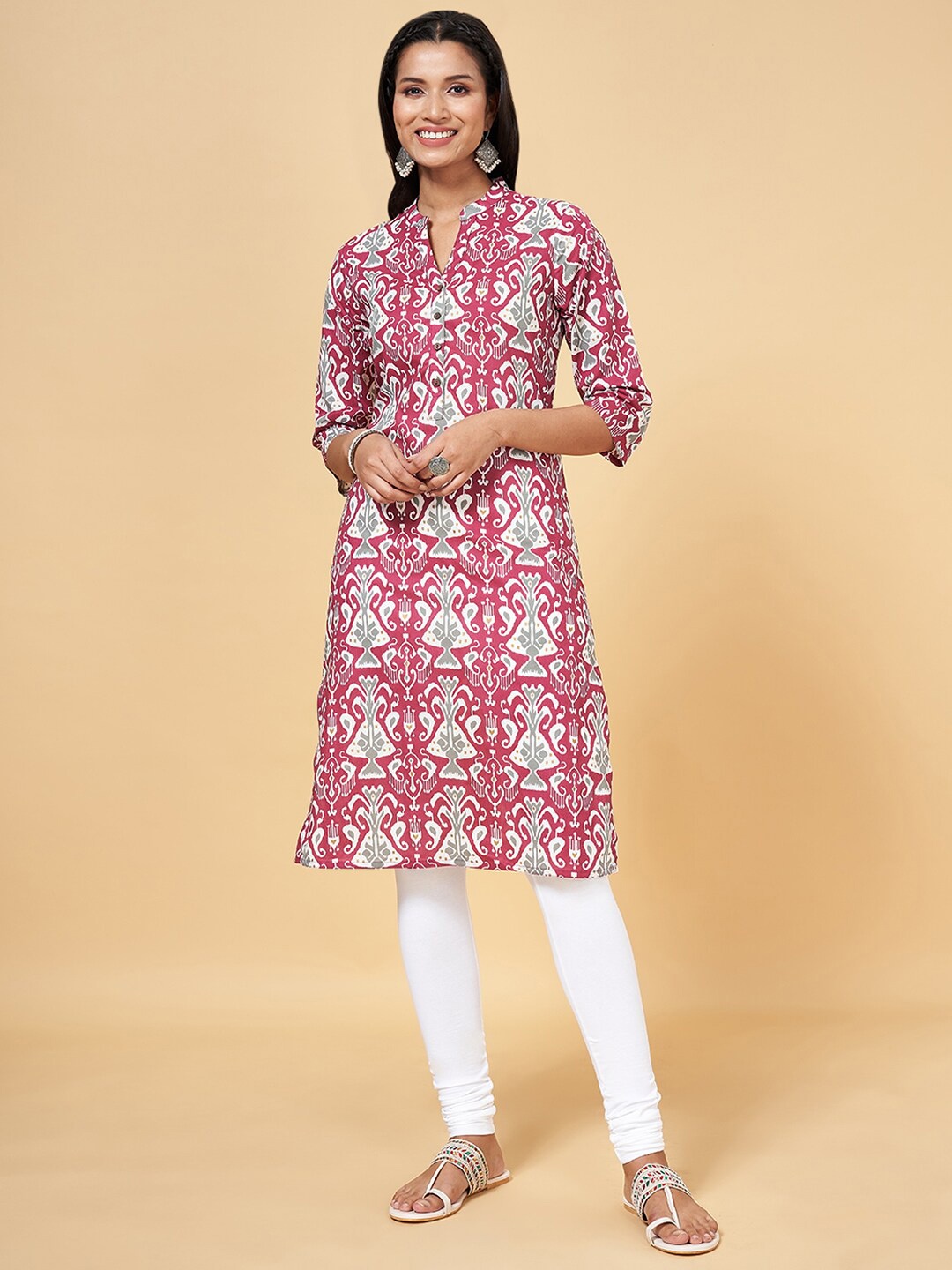 

RANGMANCH BY PANTALOONS Ethnic Motifs Printed Straight Cotton Kurta, Pink